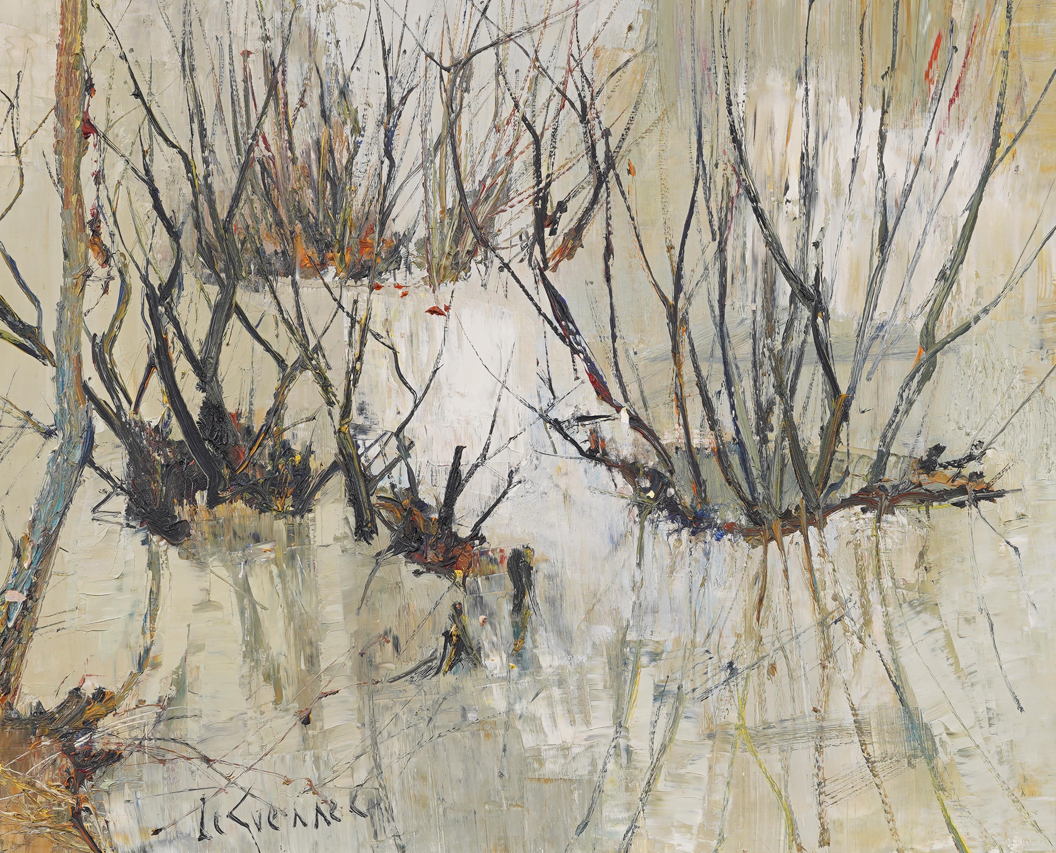 Antique French Modernist Lake Landscape (Paesaggio lacustre) firmato e incorniciato, pittura ad olio originale - Landscape Painting Marrone di Unknown