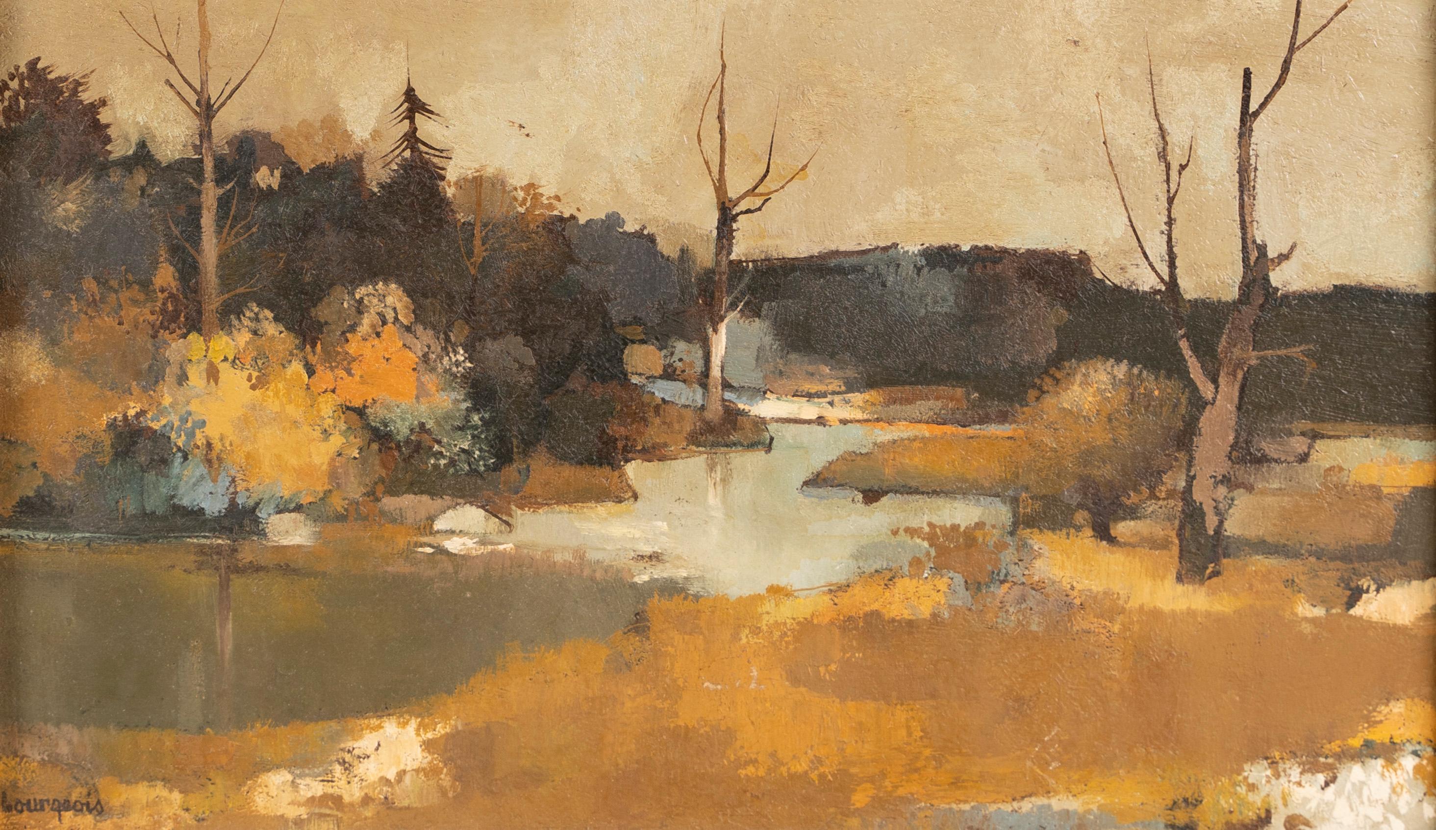 Antique French modern painting of a fall forest.  Oil on board, circa 1950.  Signed.  Image size, 15.5L x  9.75H.  Housed in a period giltwood frame.
