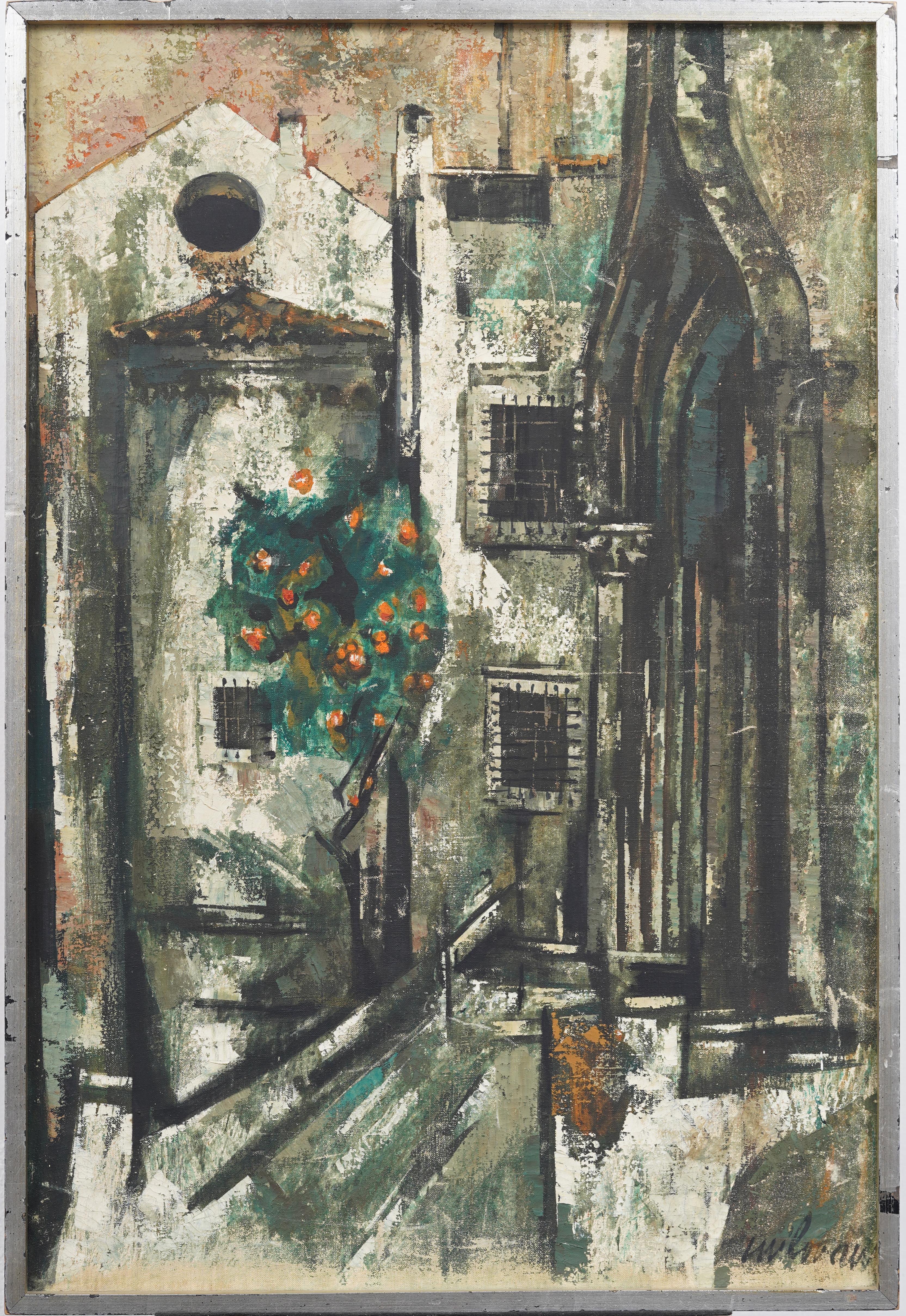 Antique French Modernist Paris School Pintura al óleo enmarcada firmada Escena callejera - Painting de Unknown