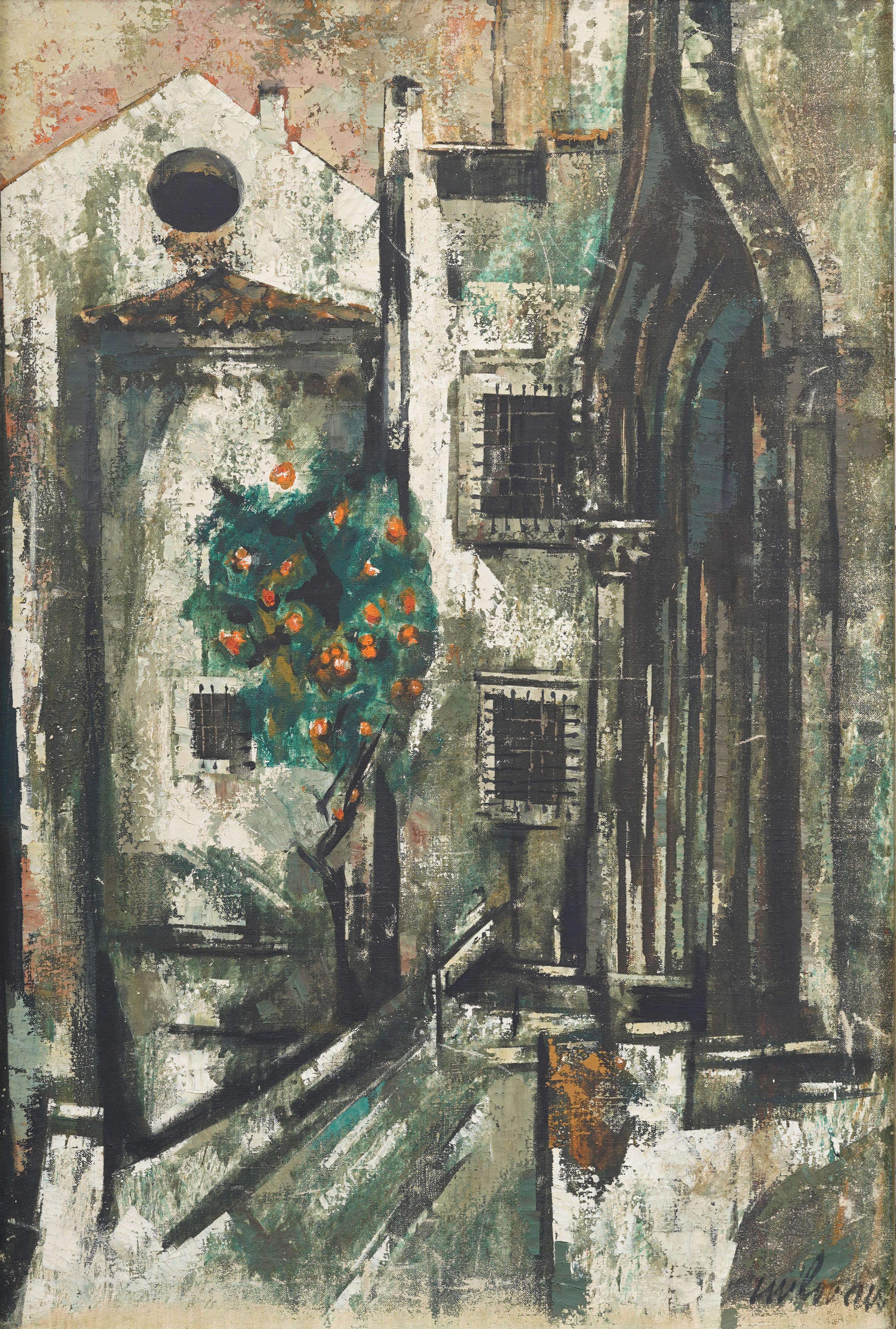 Antique French Modernist Paris School Pintura al óleo enmarcada firmada Escena callejera - Painting Moderno de Unknown