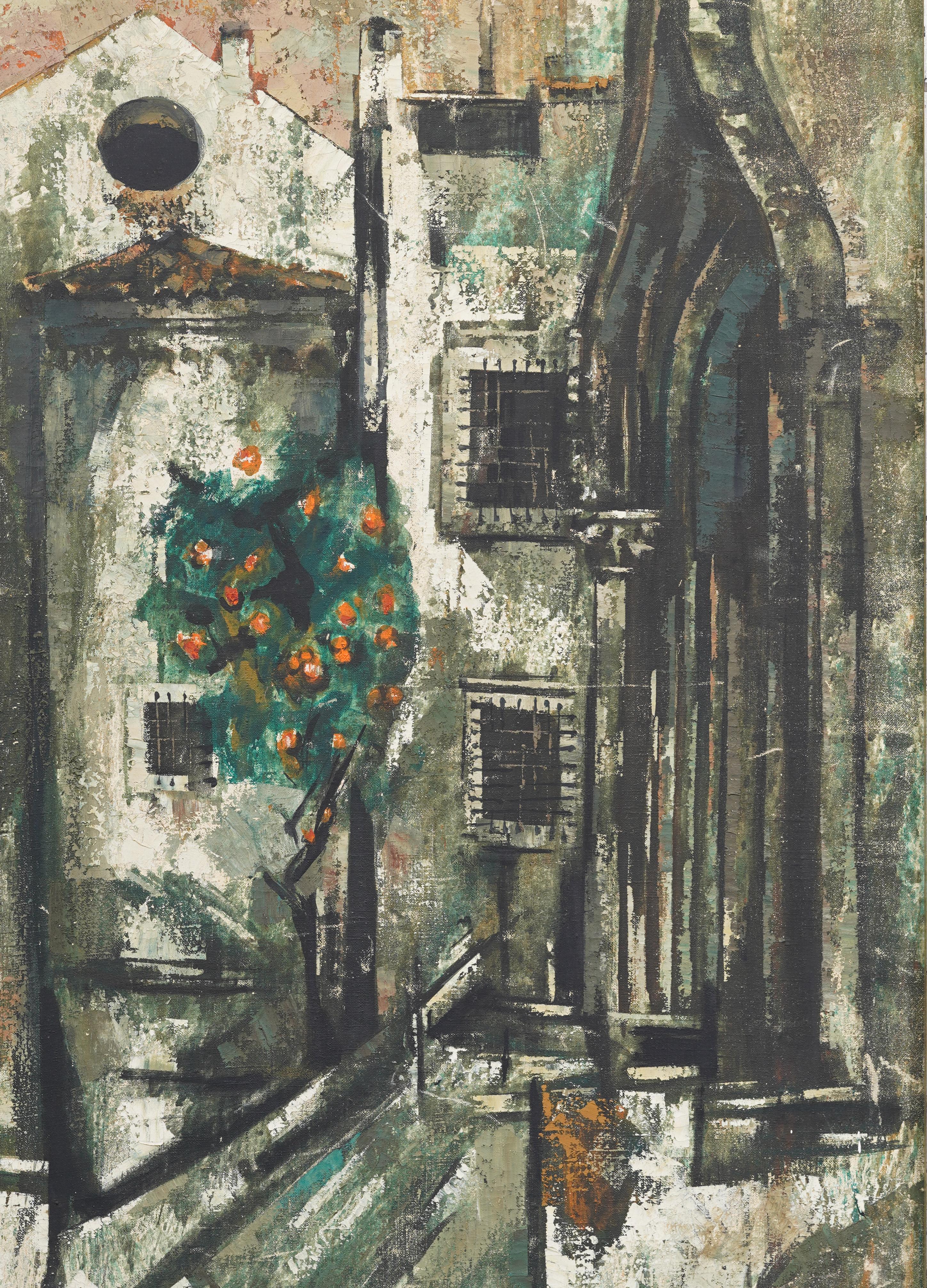 Antique French Modernist Paris School Pintura al óleo enmarcada firmada Escena callejera - Landscape Painting Gris de Unknown