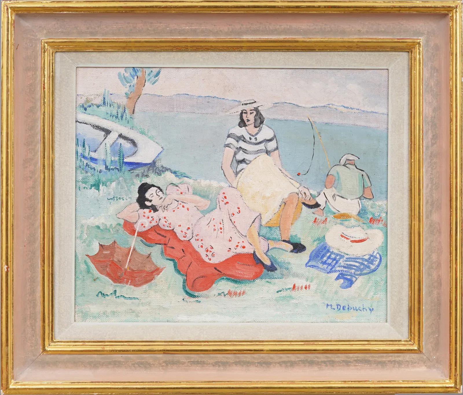 Antique French Modernist River Bank Picnic Firmato Pittura ad olio incorniciata - Painting di Unknown