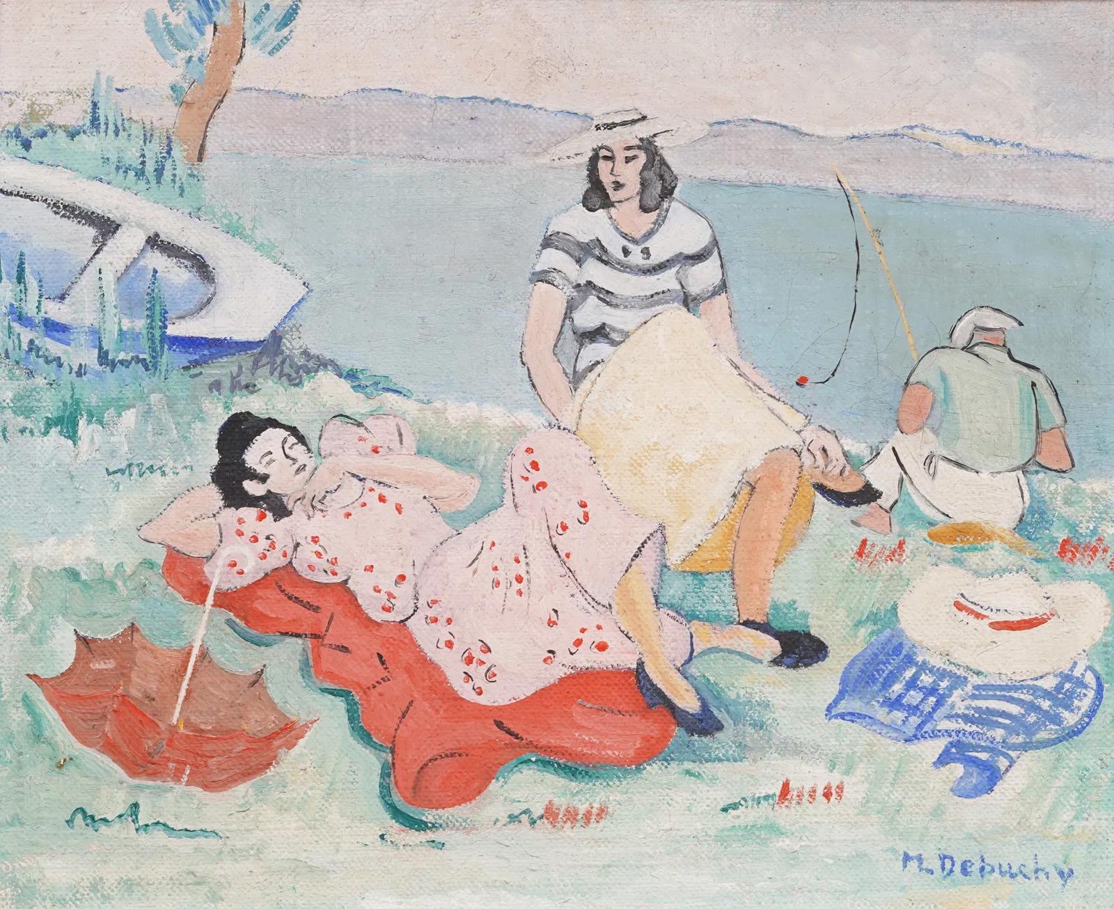Antique French Modernist River Bank Picnic Firmato Pittura ad olio incorniciata - Painting Moderno di Unknown