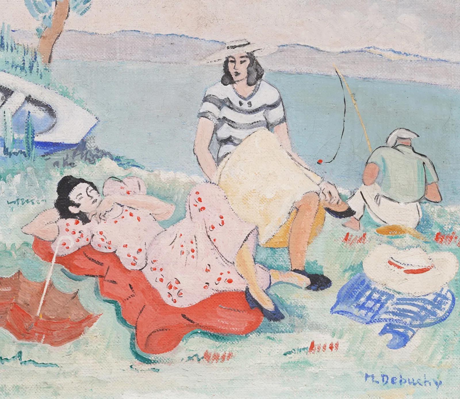 Antique French Modernist River Bank Picnic Firmato Pittura ad olio incorniciata - Abstract Painting Beige di Unknown