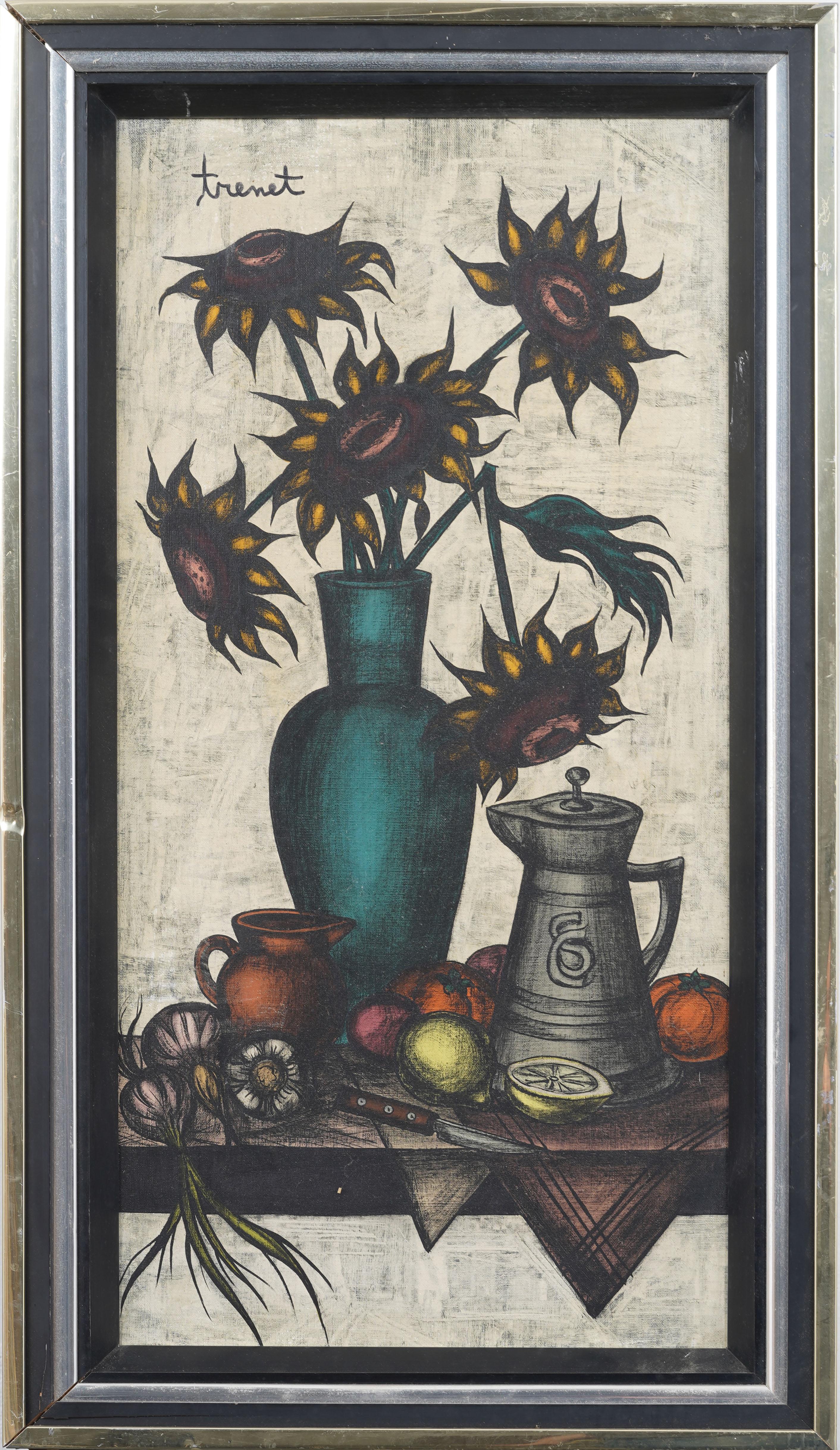 Antique French Modernist Firmato Girasole Natura morta incorniciato Rara pittura ad olio - Painting di Unknown