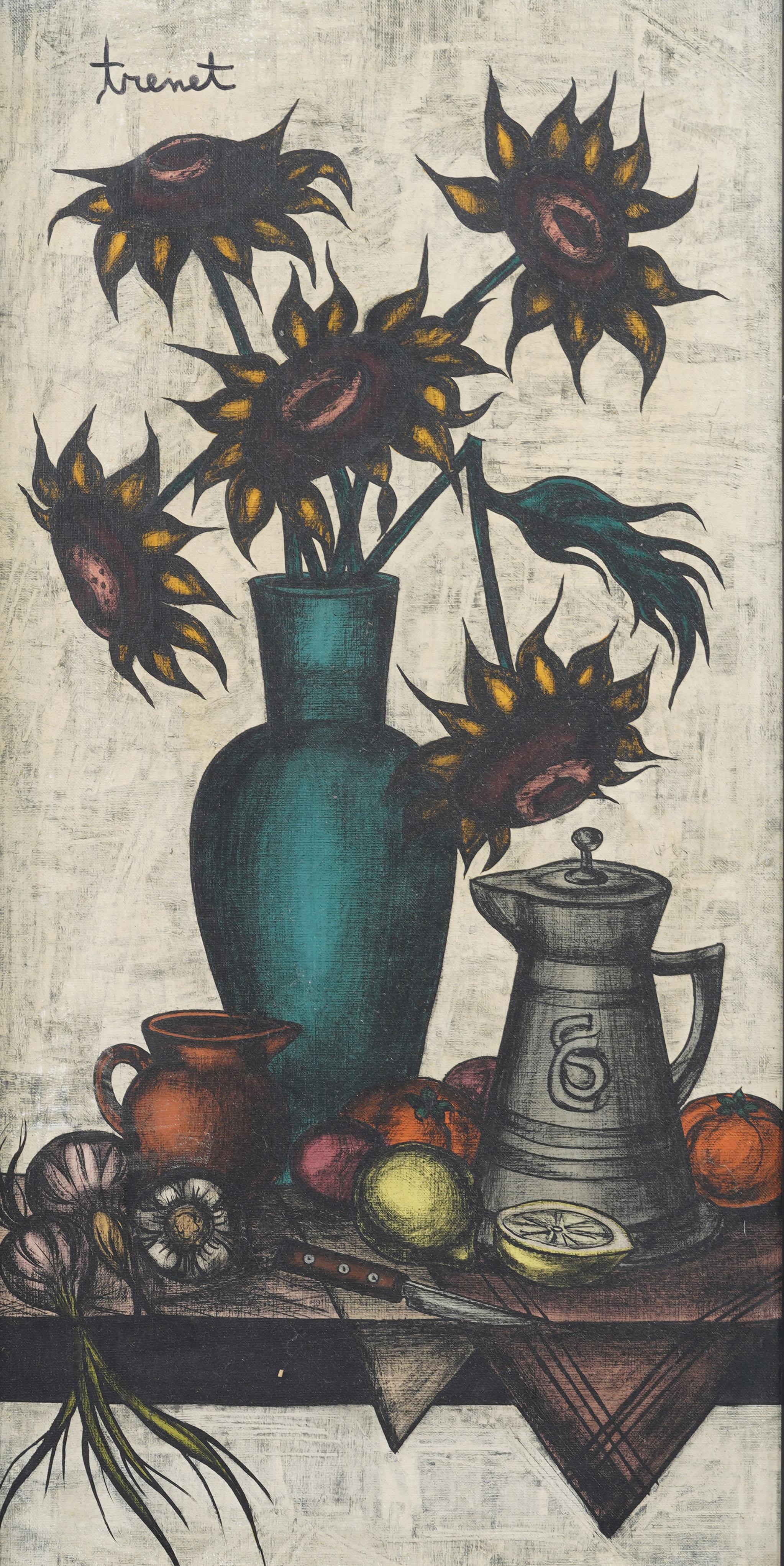 Antique French Modernist Firmato Girasole Natura morta incorniciato Rara pittura ad olio - Painting Moderno di Unknown