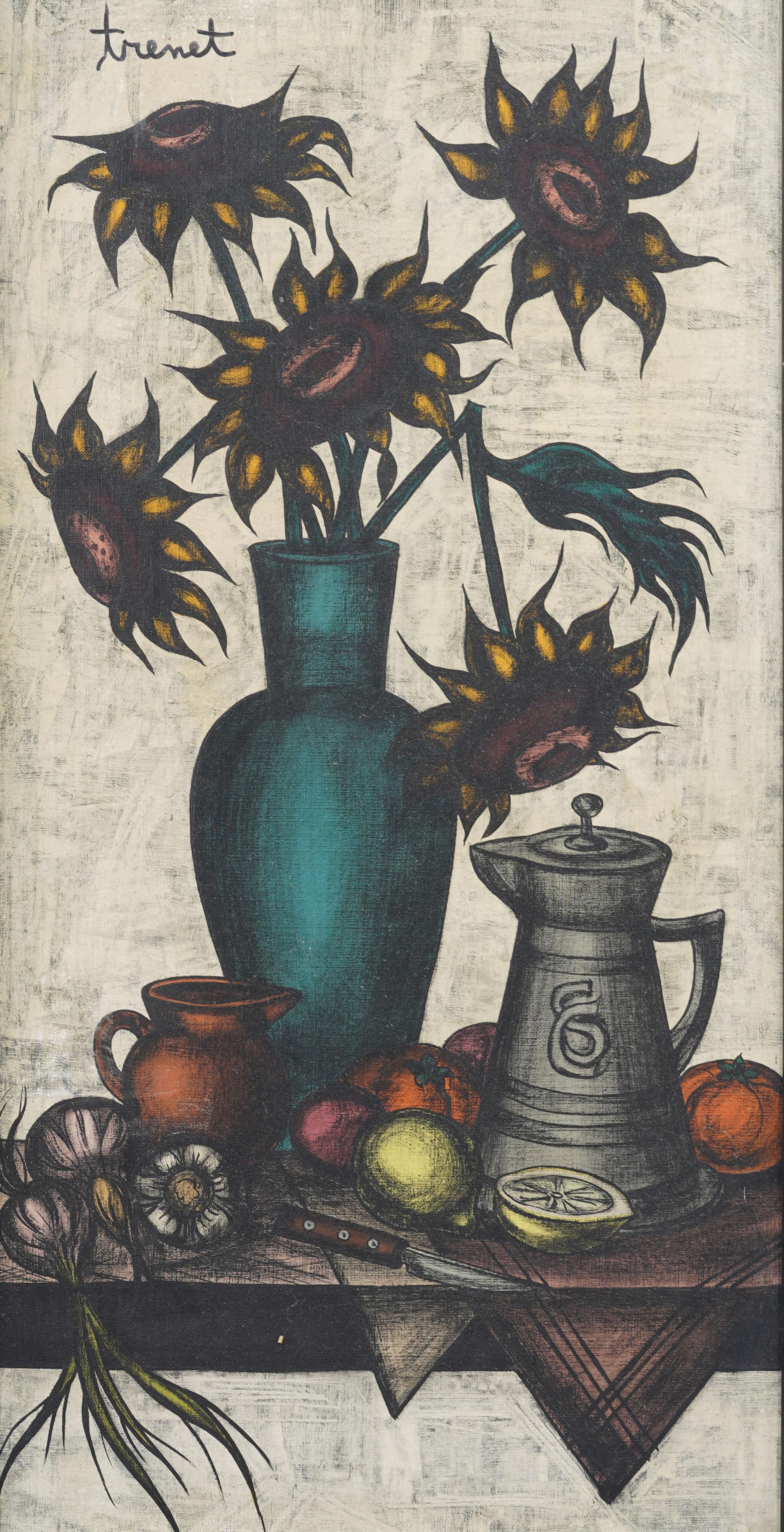 Antique French Modernist Firmato Girasole Natura morta incorniciato Rara pittura ad olio - Still-Life Painting Nero di Unknown
