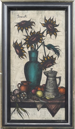 Antique French Modernist Firmato Girasole Natura morta incorniciato Rara pittura ad olio