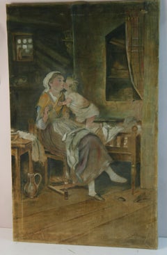Antique French Mother and Child Interior Scene, Oil on Canvas, 1890s