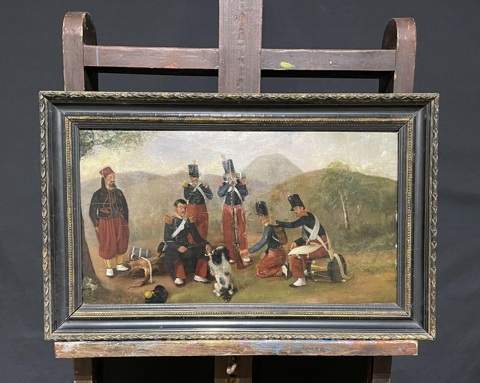 ANTIQUE FRENCH OIL PAINTING 19TH CENTURY SOLDIERS MAKING CAMP - MUSIC & DOG - Painting by Unknown