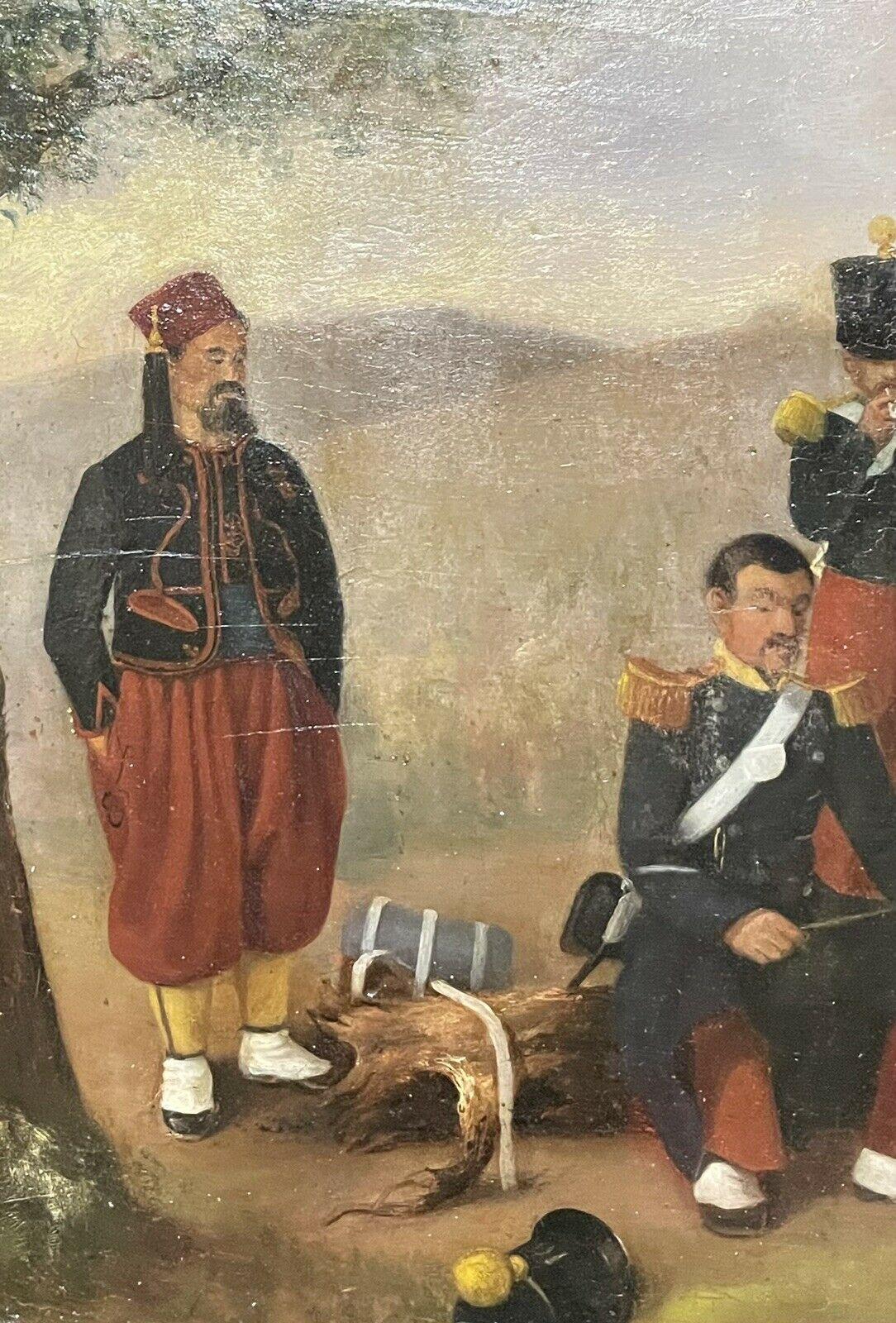 ANTIQUE FRENCH OIL PAINTING 19TH CENTURY SOLDIERS MAKING CAMP - MUSIC & DOG - Victorian Painting by Unknown