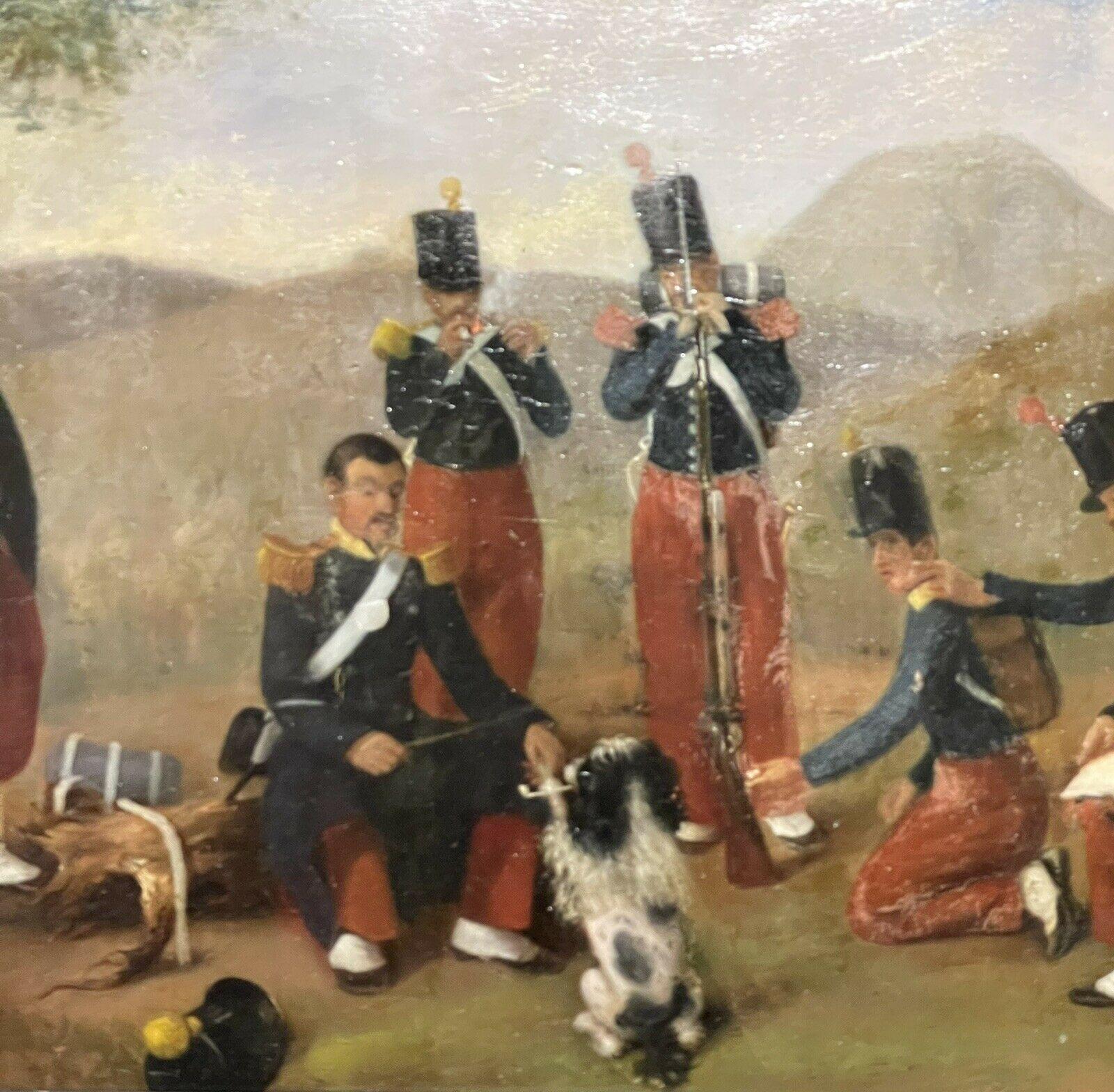 Artist/ School: French School, 19th century

Title: The Soldiers Camp

Medium:  oil painting on thick wooden panel, with a bevel edge

Size:  painting: 12.5 x 22 inches, frame: 16.5 x 26 inches

Provenance: private collection, France

Condition: The
