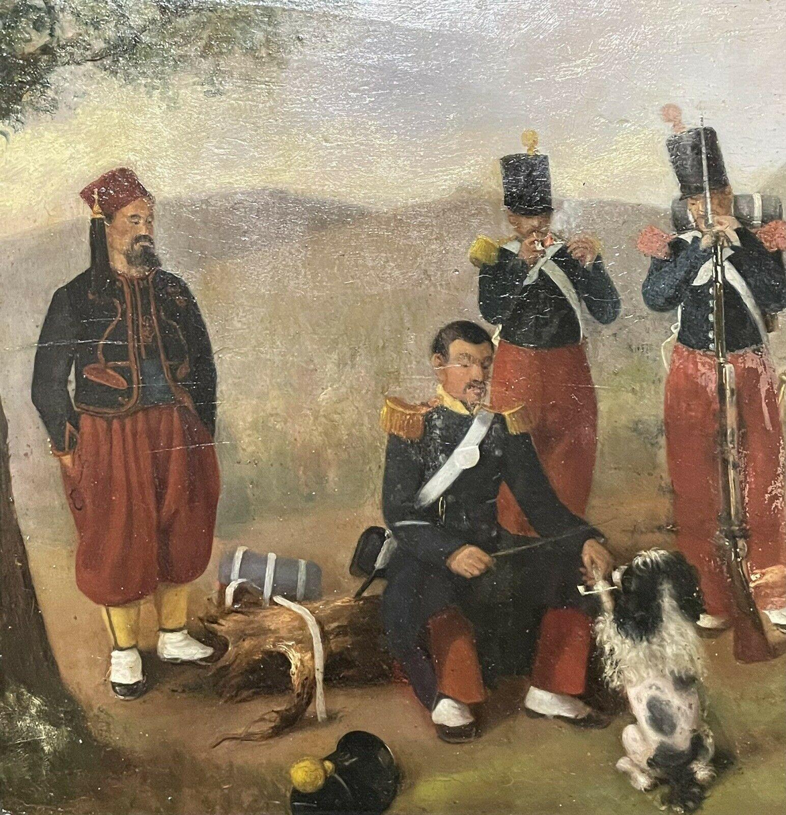 ANTIQUE FRENCH OIL PAINTING 19TH CENTURY SOLDIERS MAKING CAMP - MUSIC & DOG For Sale 1