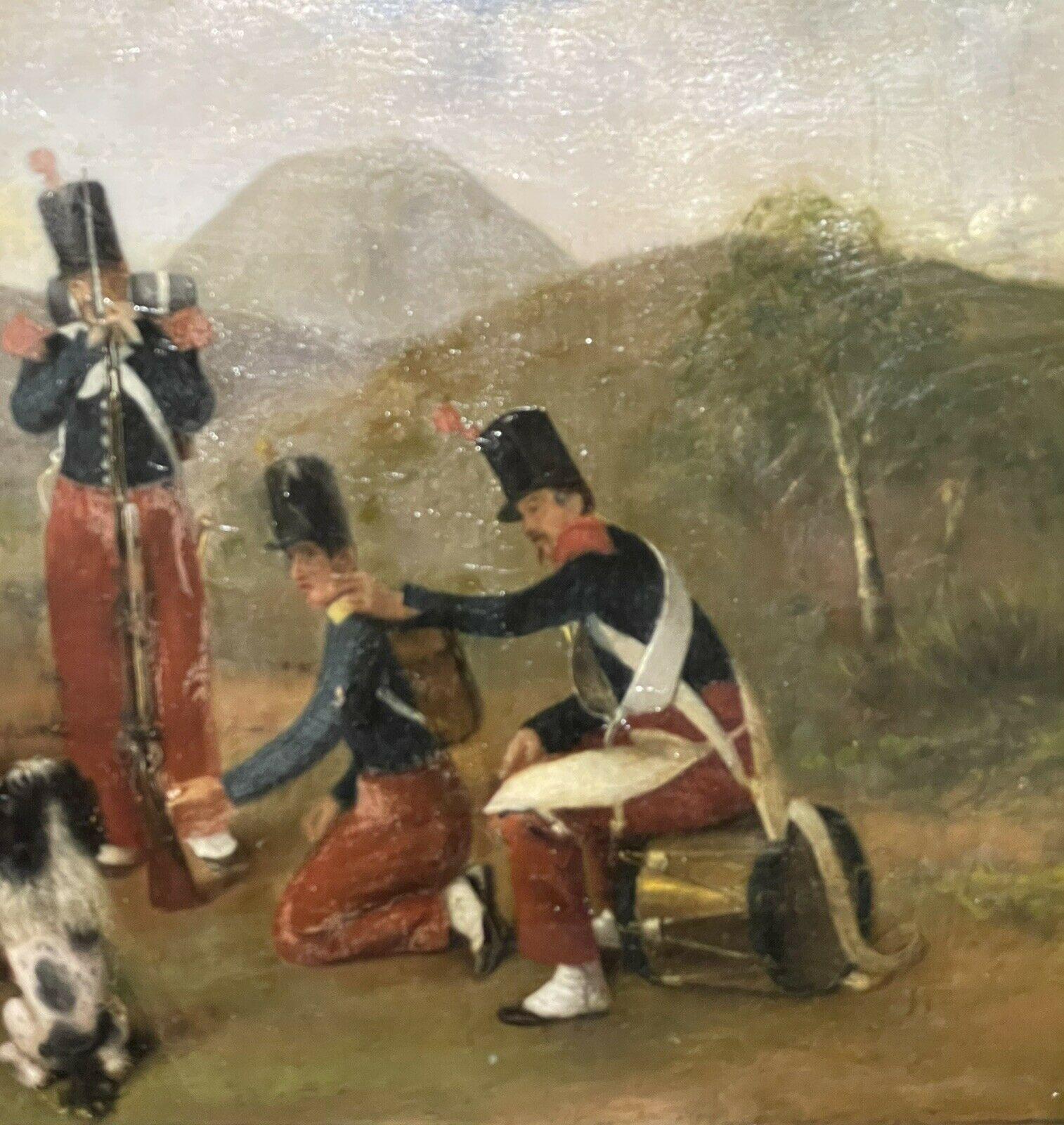 ANTIQUE FRENCH OIL PAINTING 19TH CENTURY SOLDIERS MAKING CAMP - MUSIC & DOG For Sale 2