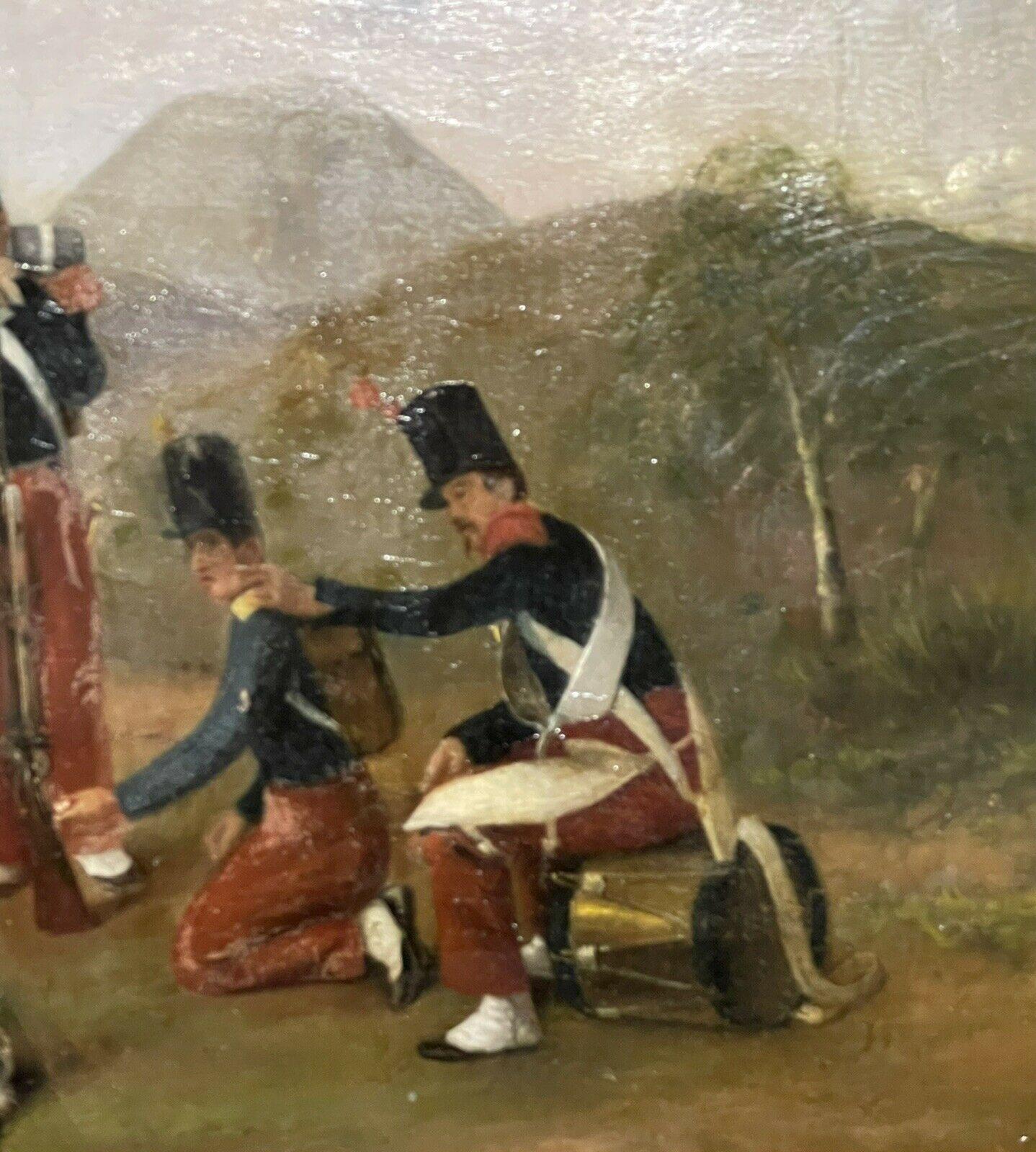 ANTIQUE FRENCH OIL PAINTING 19TH CENTURY SOLDIERS MAKING CAMP - MUSIC & DOG For Sale 3
