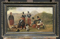 ANTIQUE FRENCH OIL PAINTING 19TH CENTURY SOLDIERS MAKING CAMP - MUSIC & DOG