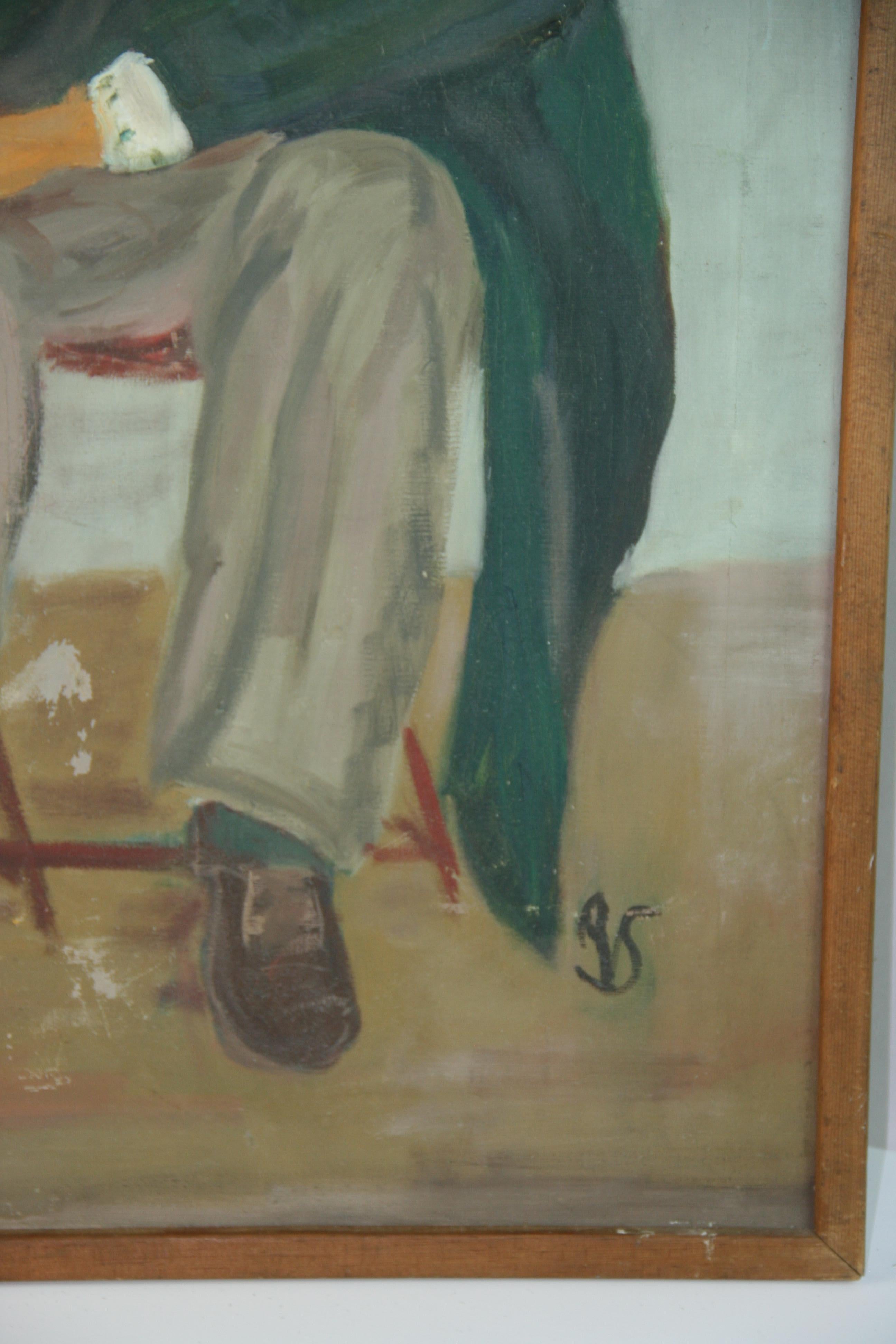 Antique French Oversized Interior Scene Oil Painting The Dapper Frenchman 1940's For Sale 6