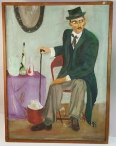 Antique French Oversized Interior Scene Oil Painting The Dapper Frenchman 1940's
