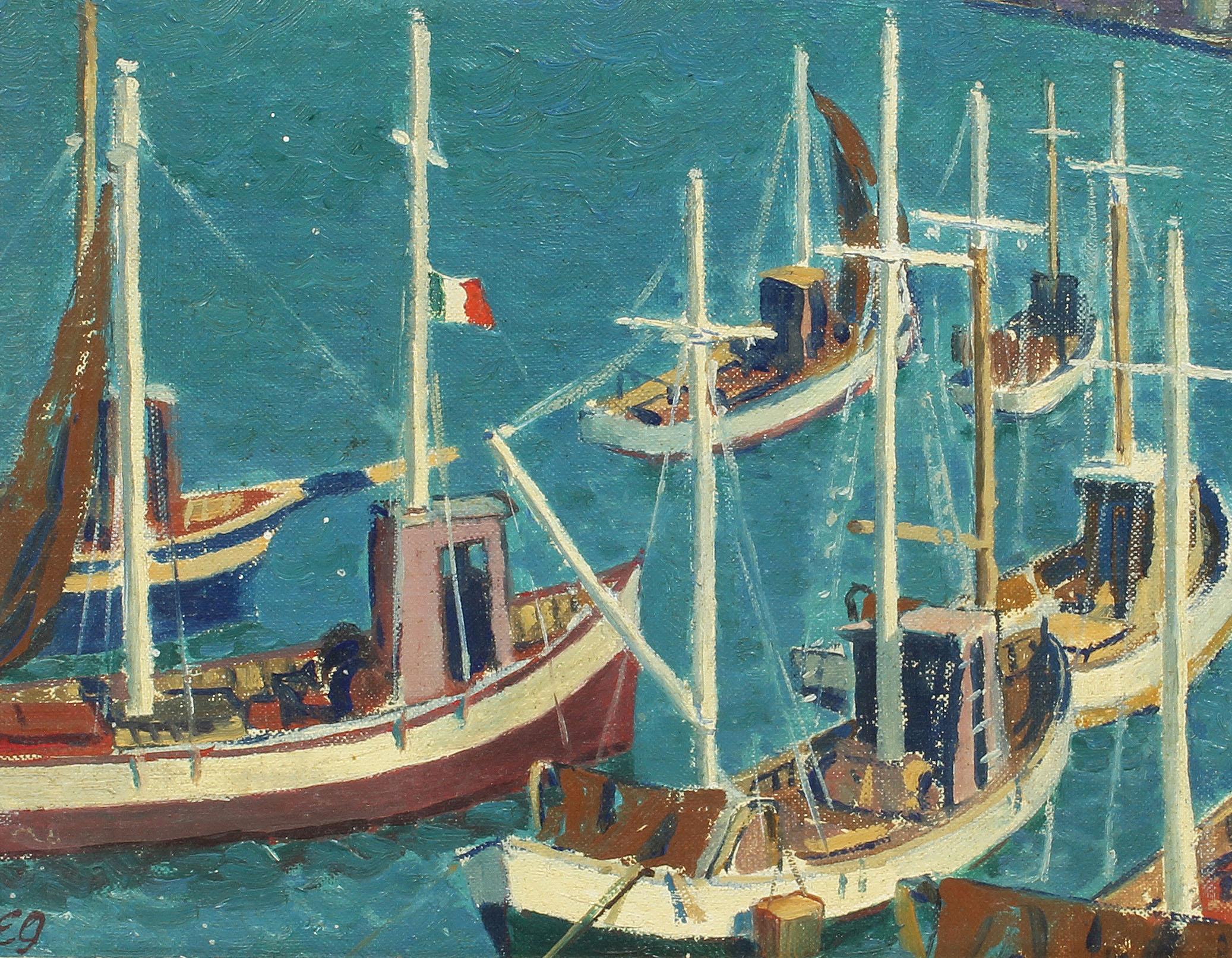 Antique French Paris Modernist Boat Seascape Monogrammed Original Oil Painting - Beige Landscape Painting by Unknown
