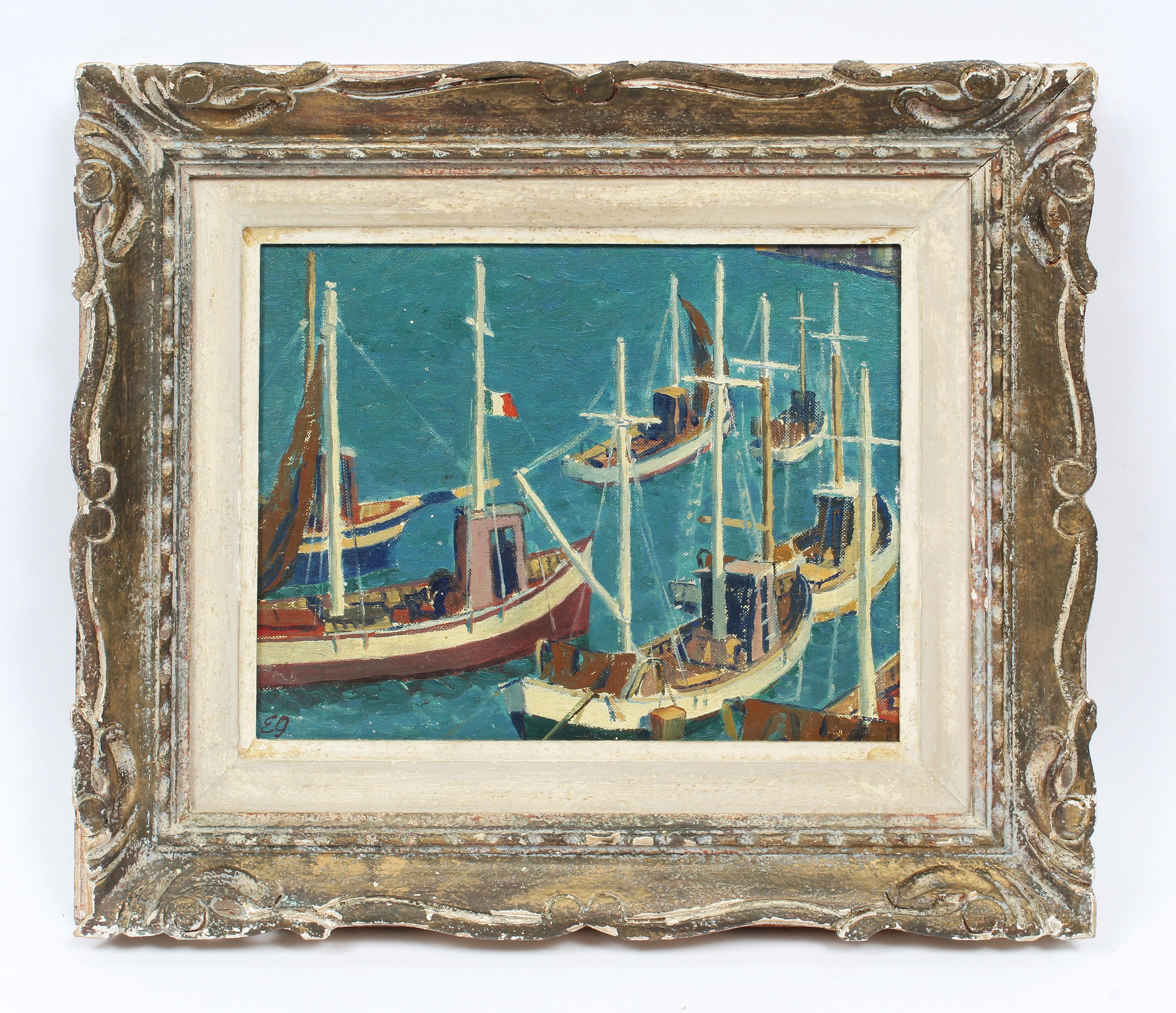 Unknown Landscape Painting - Antique French Paris Modernist Boat Seascape Monogrammed Original Oil Painting