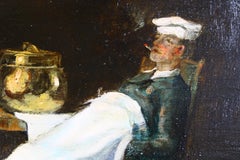 Antique French portrait oil painting of a Chef smoking, 1800's French Art