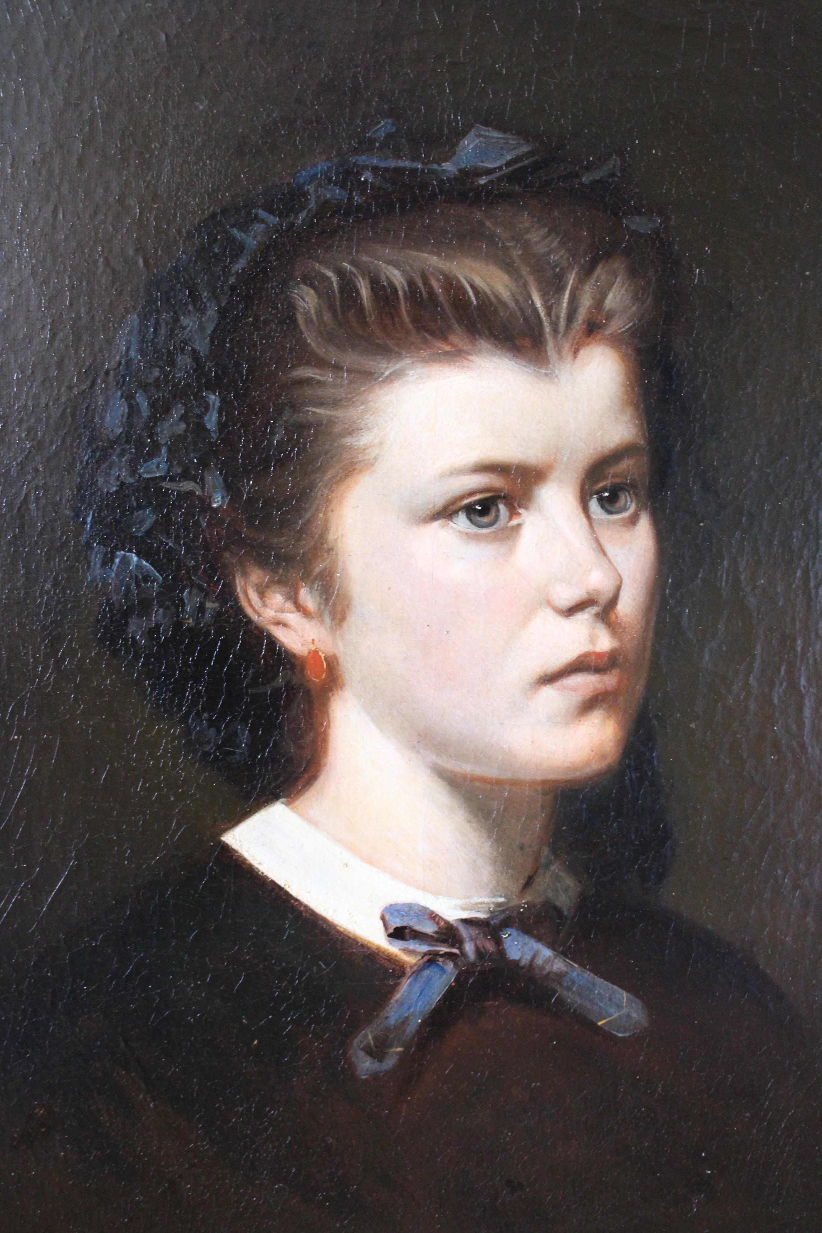 Antique French retrato al óleo de una mujer de 1852 Retrato femenino francés - Portrait Painting Marrón de Unknown