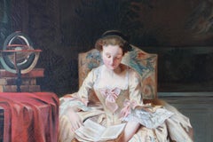 Antique portrait painting of a woman sitting in a library, woman portrait