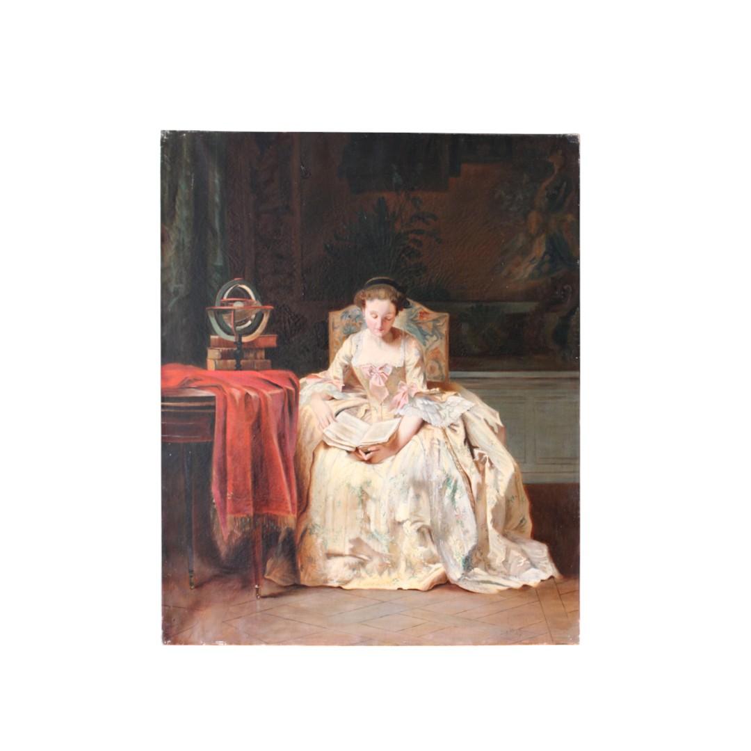 Unknown Portrait Painting - Antique portrait painting of a woman sitting in a library, woman portrait