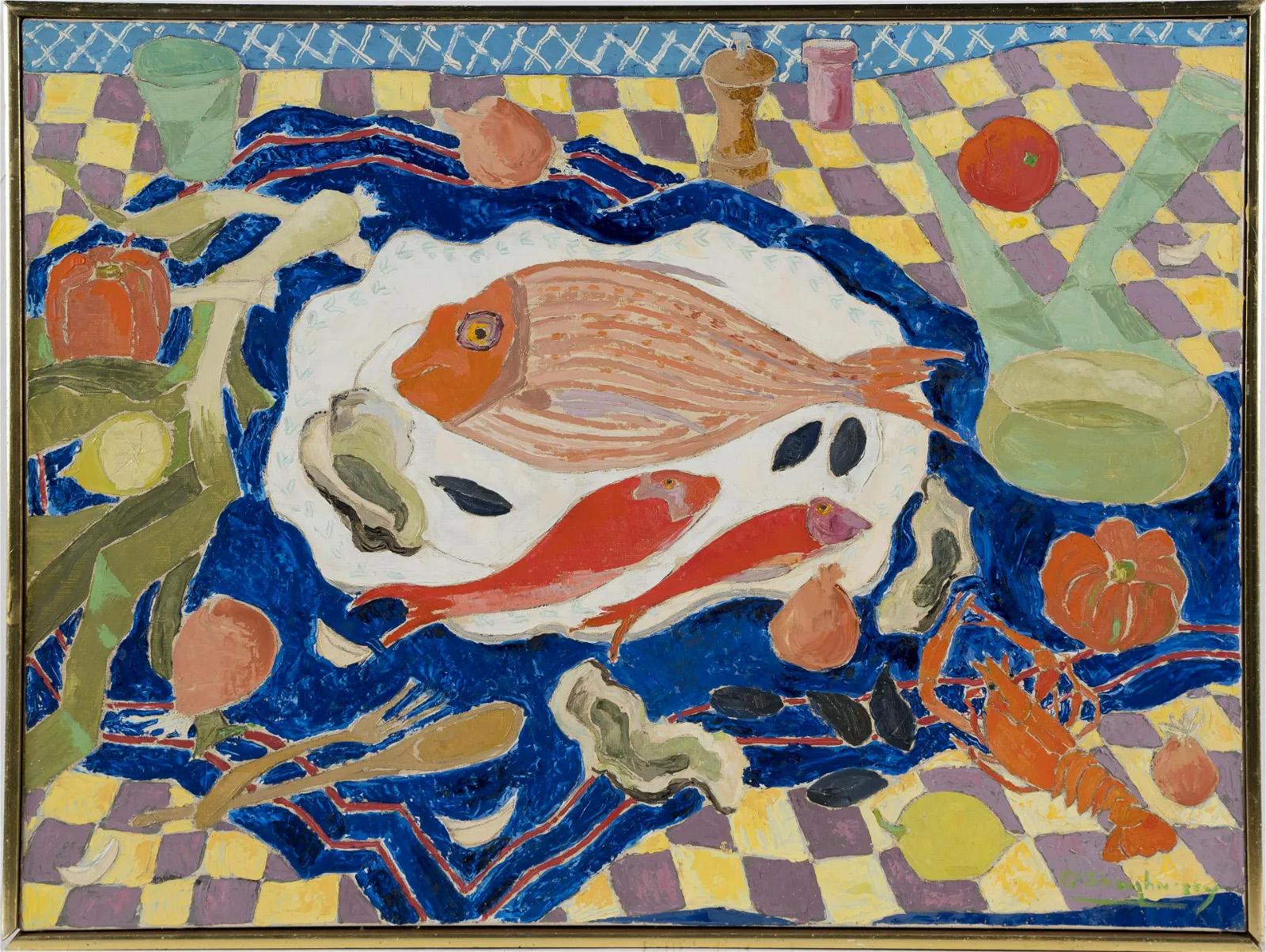 Antikes französisches postimpressionistisches Ölgemälde, Moderne Küche, Stillleben mit Meeresfrüchten, Stillleben
