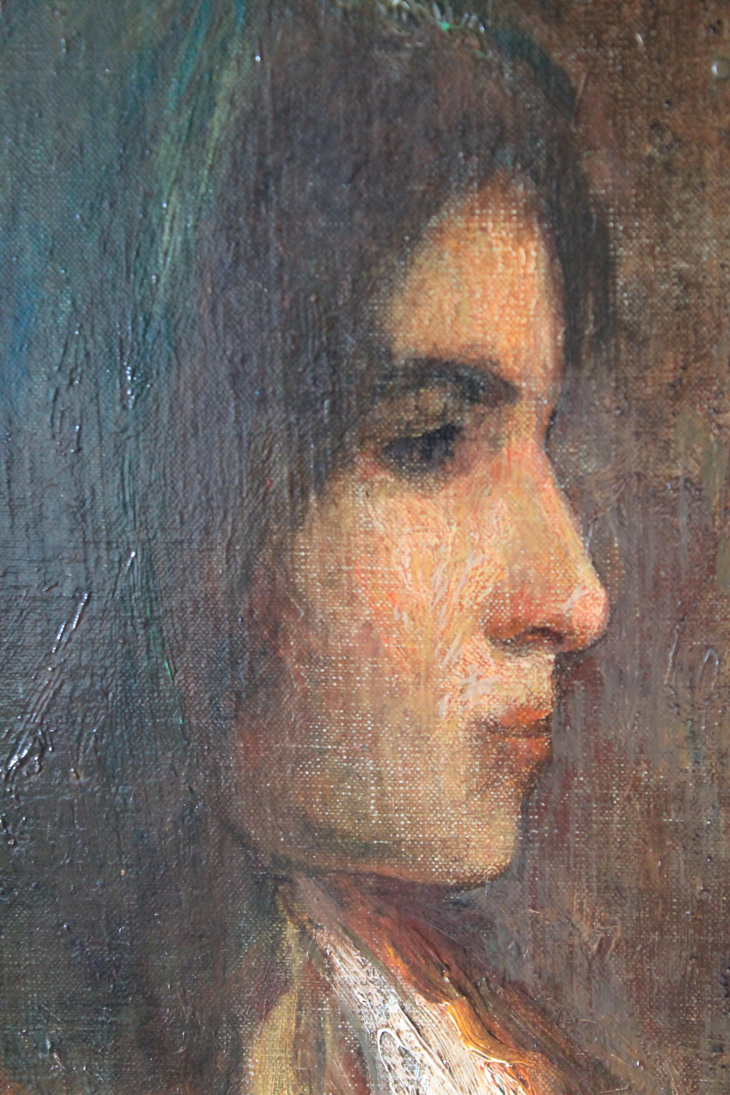 Un ritratto femminile a olio del XIX secolo, scuro e lunatico, di 