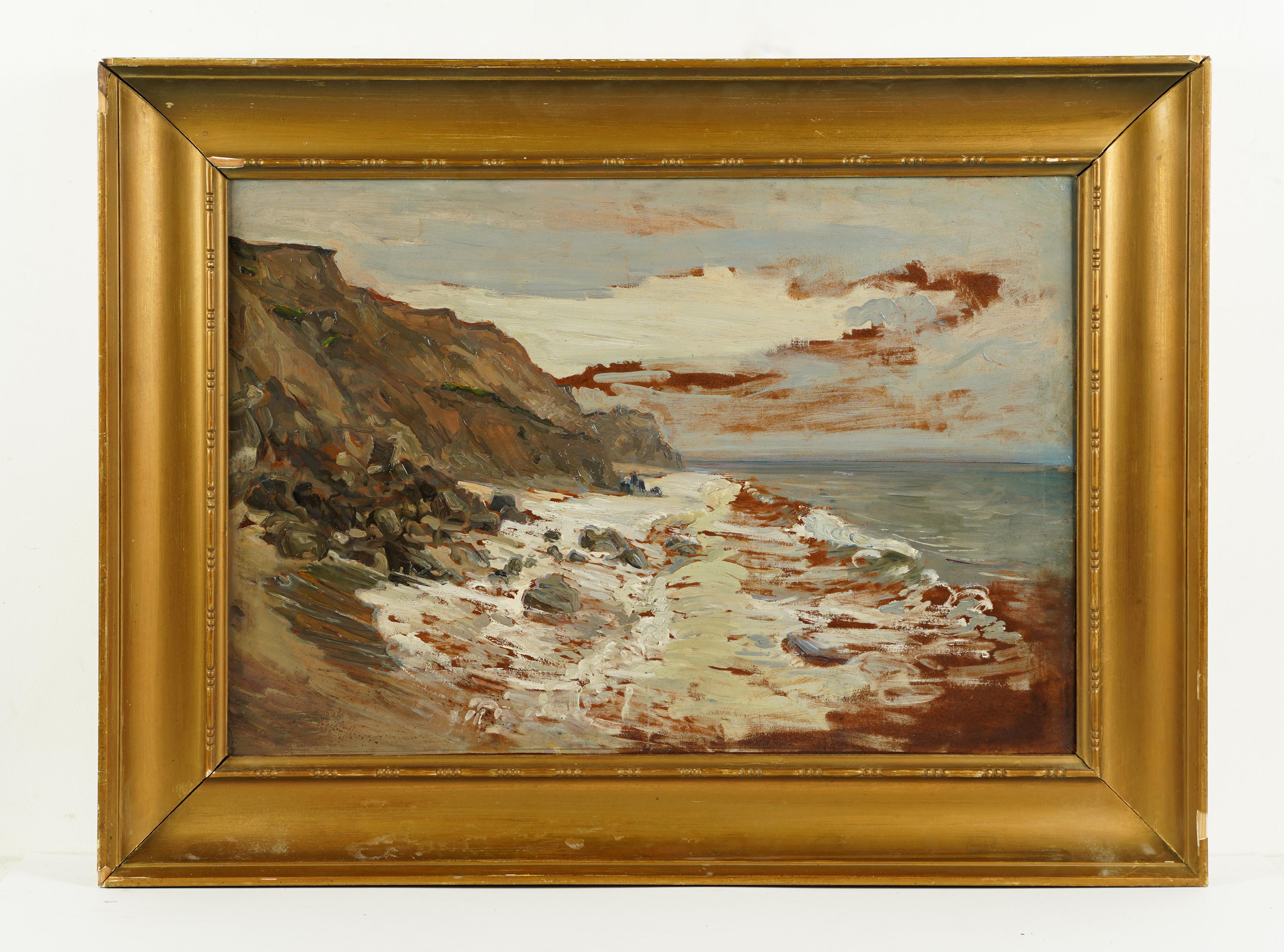  Antikes gerahmtes Ölgemälde, Französische Schule, signiert Barbizon, Meereslandschaft, Strandszene (Impressionismus), Painting, von Unknown