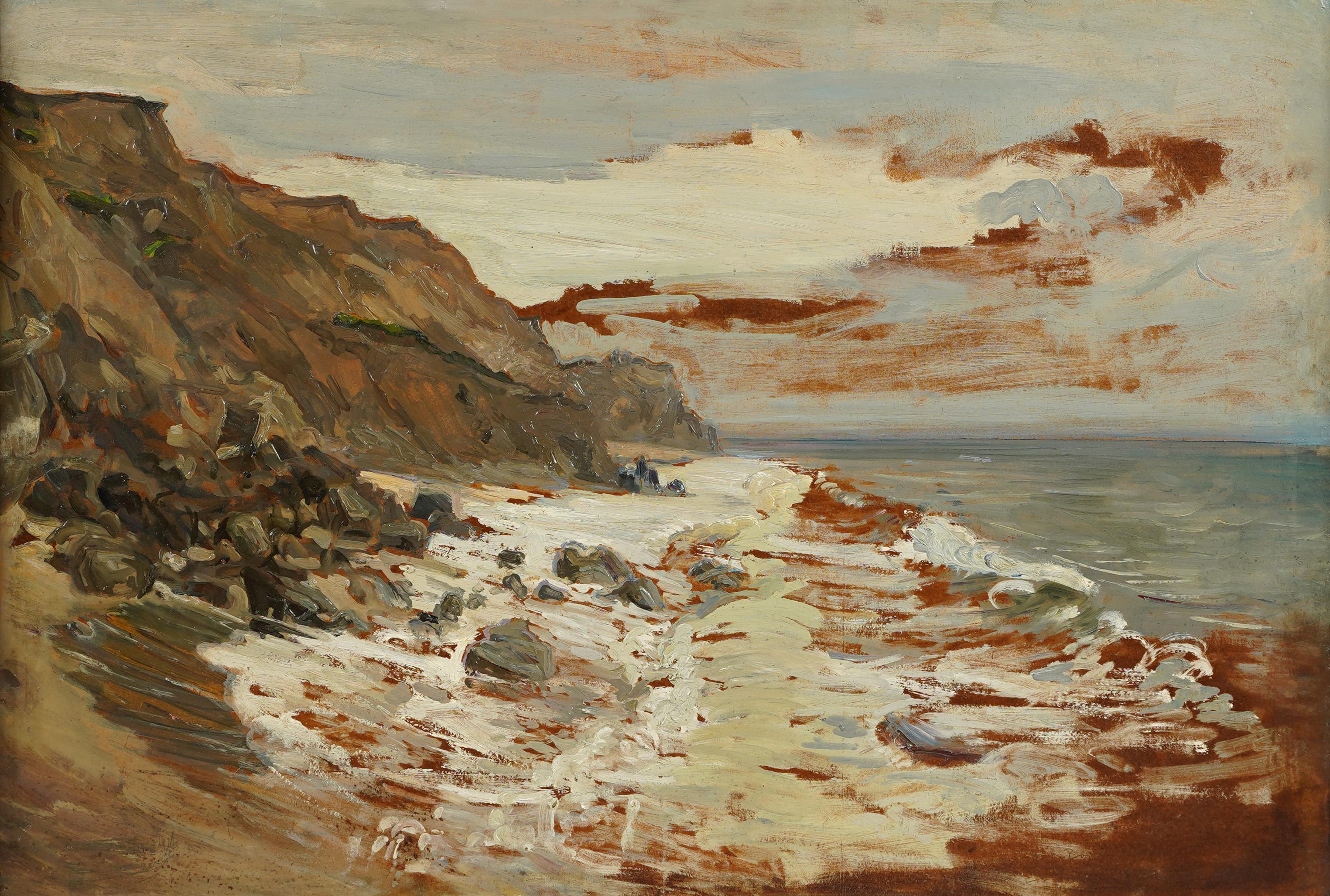 Antike französische impressionistische Seelandschaft signiert Ölgemälde.  Öl auf Karton.  Unterschrieben.  Gerahmt.  Bildgröße: 28 L x 20 H.