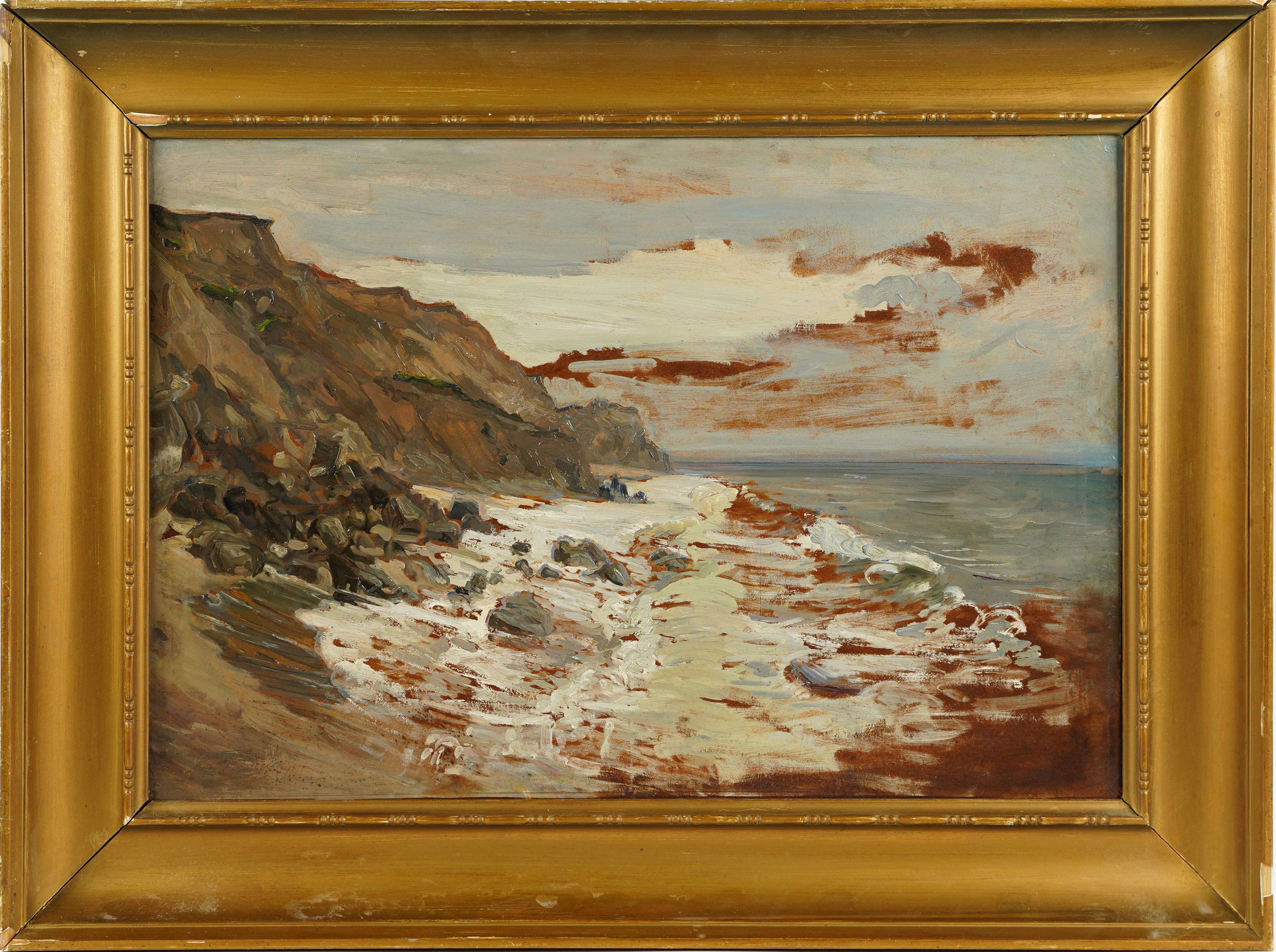 Unknown Landscape Painting –  Antikes gerahmtes Ölgemälde, Französische Schule, signiert Barbizon, Meereslandschaft, Strandszene