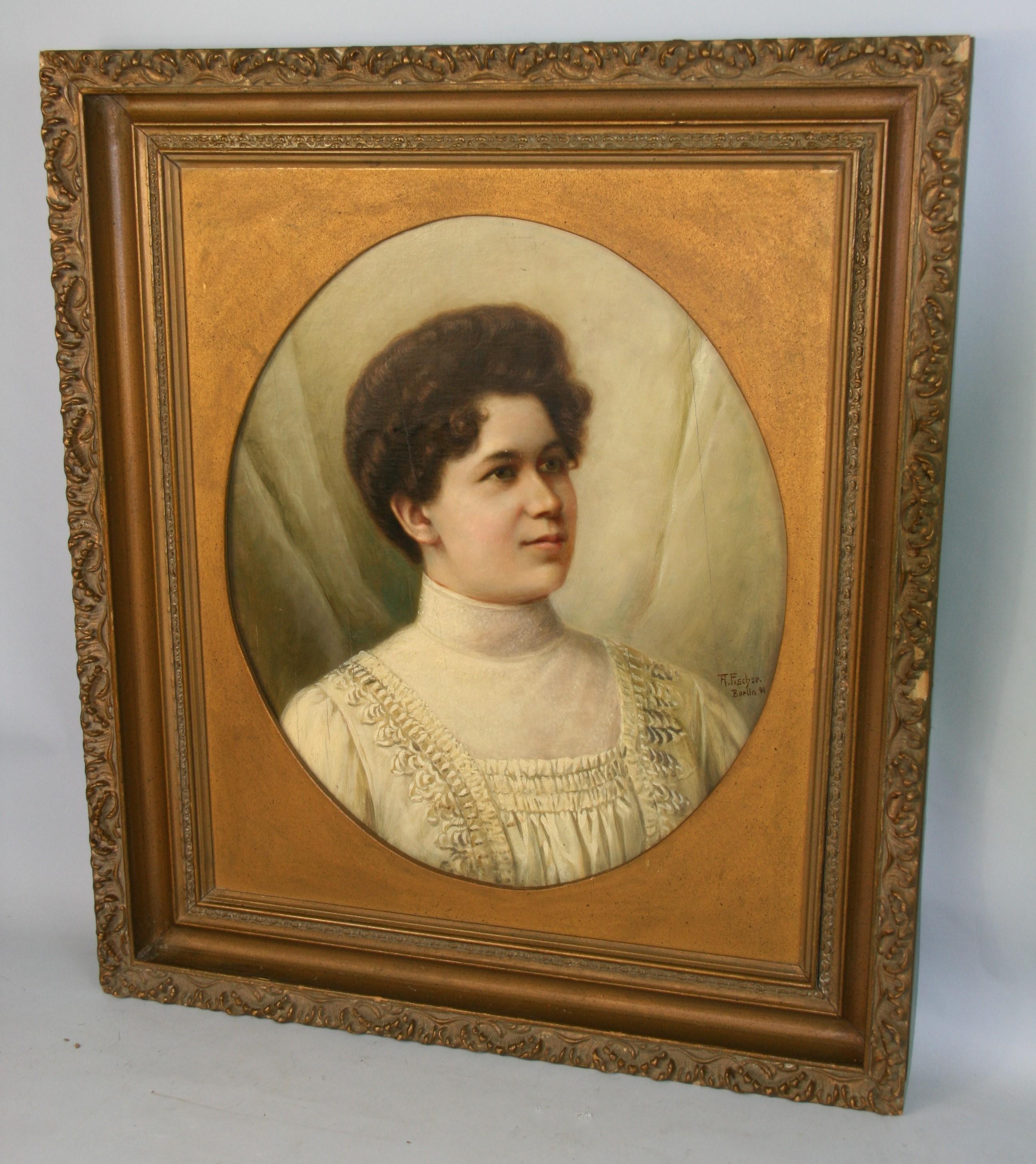 5055 Antique German female oil portrait
in a period frame on board
Signed T.H.Fischem Berlin 91
Image size 19.5x16.5