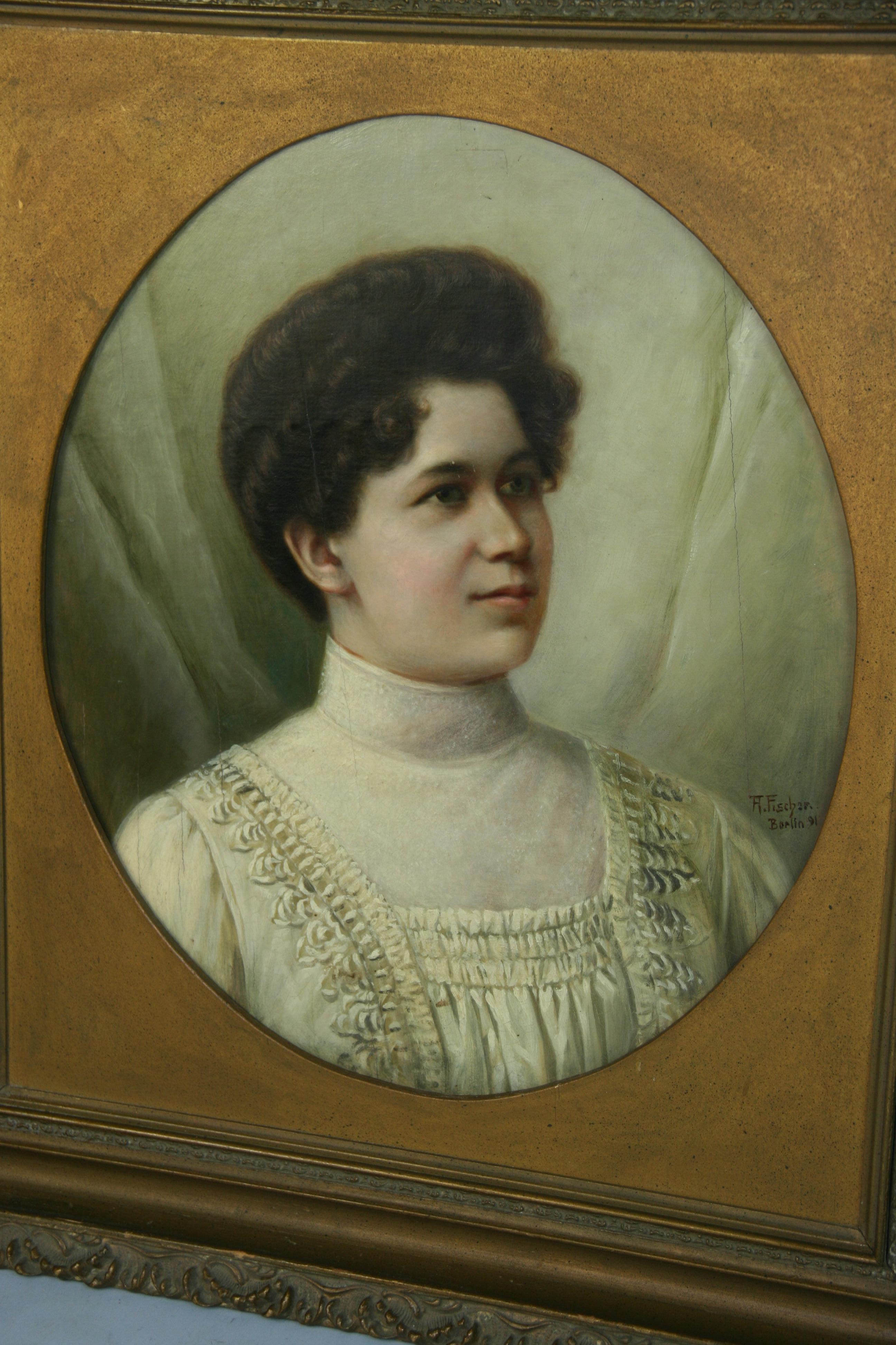 5055 Antique German female oil portrait
in a period frame on board
Signed T.H.Fischem Berlin 91
Image size 19.5x16.5