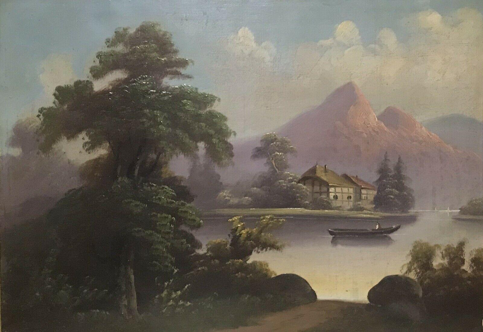 ANTIQUE GERMAN OIL PAINTING ON CANVAS - MOUNTAIN LAKE LANDSCAPE FIGURE IN BOAT - Painting by Unknown