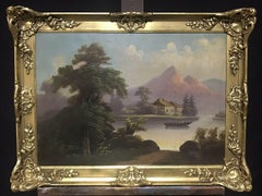 ANTIQUE GERMAN OIL PAINTING ON CANVAS - MOUNTAIN LAKE LANDSCAPE FIGURE IN BOAT