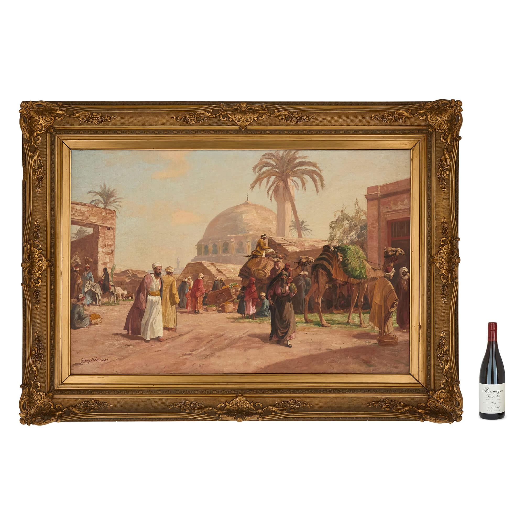 Antico dipinto orientalista tedesco di una strada del Cairo di Macco
Tedesco, inizio XX secolo
Tela: Altezza 77 cm, larghezza 116 cm
Telaio: Altezza 108cm, larghezza 147cm, profondità 10cm

Questo vivace dipinto a olio orientalista è un esempio