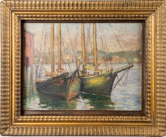 Antique Gloucester Harbor New England Fishing Boat Seascape Signed Oil Painting