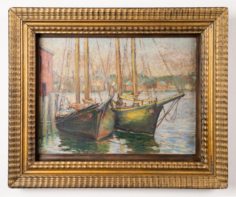 Antique American impressionist seascape oil painting.  Oil on board, circa 1920.  Signed.  Image size, 16L x 12H.  Housed in a period giltwood frame.