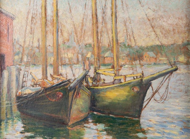 Antique Gloucester Harbor New England Fishing Boat Seascape Signed Oil Painting For Sale 1