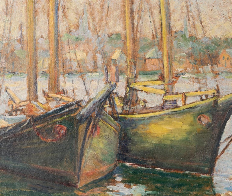 Antique Gloucester Harbor New England Fishing Boat Seascape Signed Oil Painting For Sale 2