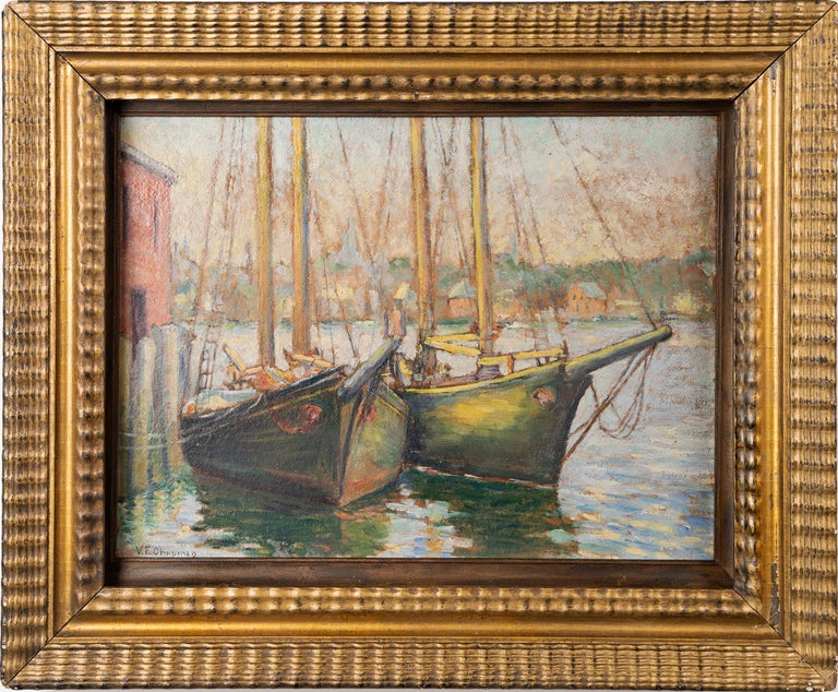 Unknown Interior Painting - Antique Gloucester Harbor New England Fishing Boat Seascape Signed Oil Painting