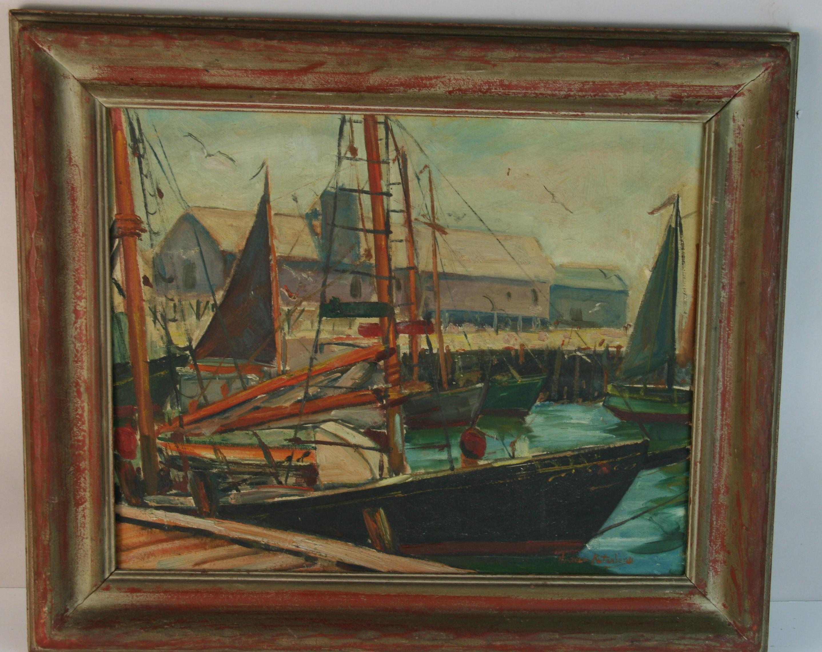 Antico porto di Glouster &New England, barca da pesca, paesaggio marino, pittura ad olio - Painting di Unknown