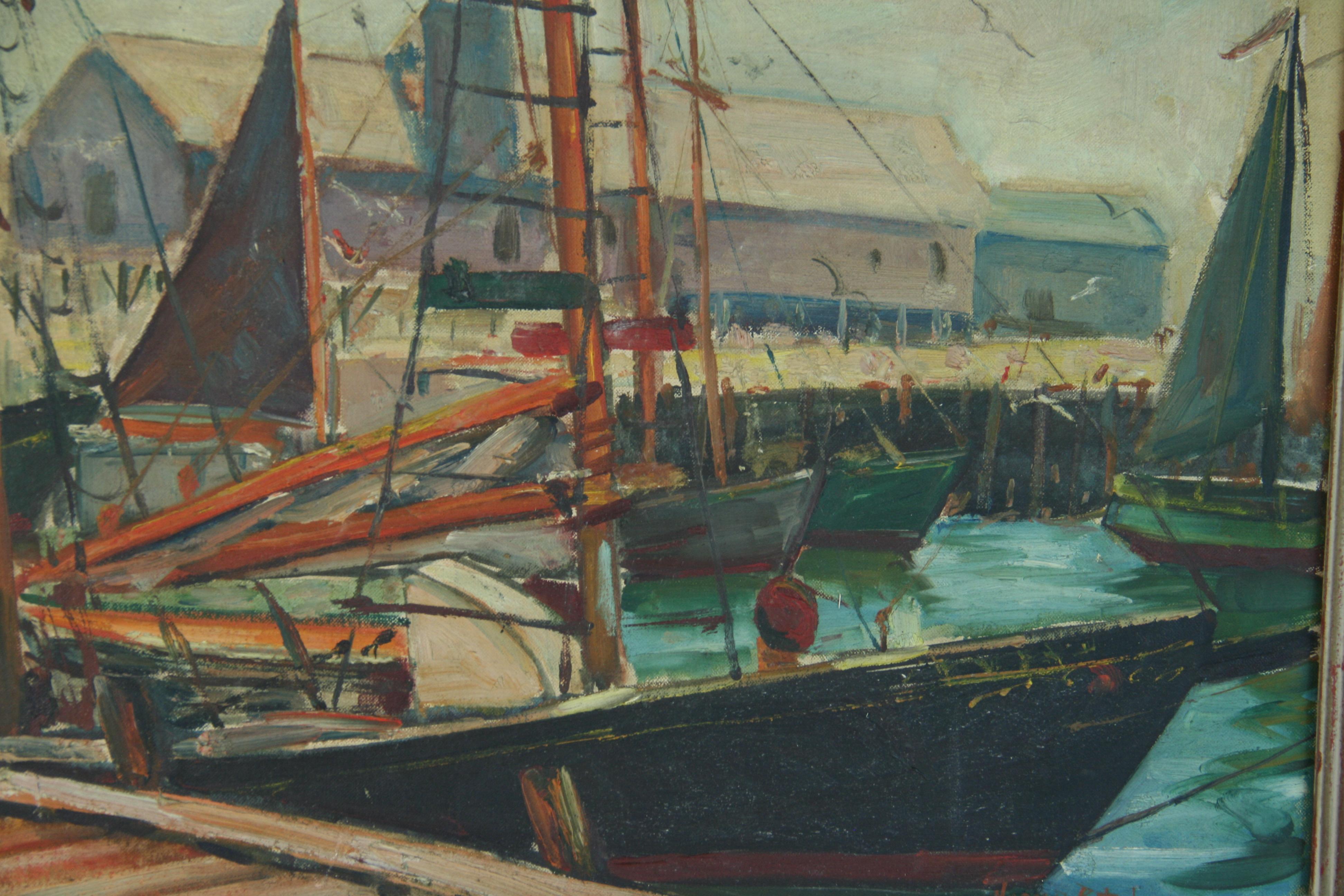 Antico porto di Glouster &New England, barca da pesca, paesaggio marino, pittura ad olio - Landscape Painting Marrone di Unknown
