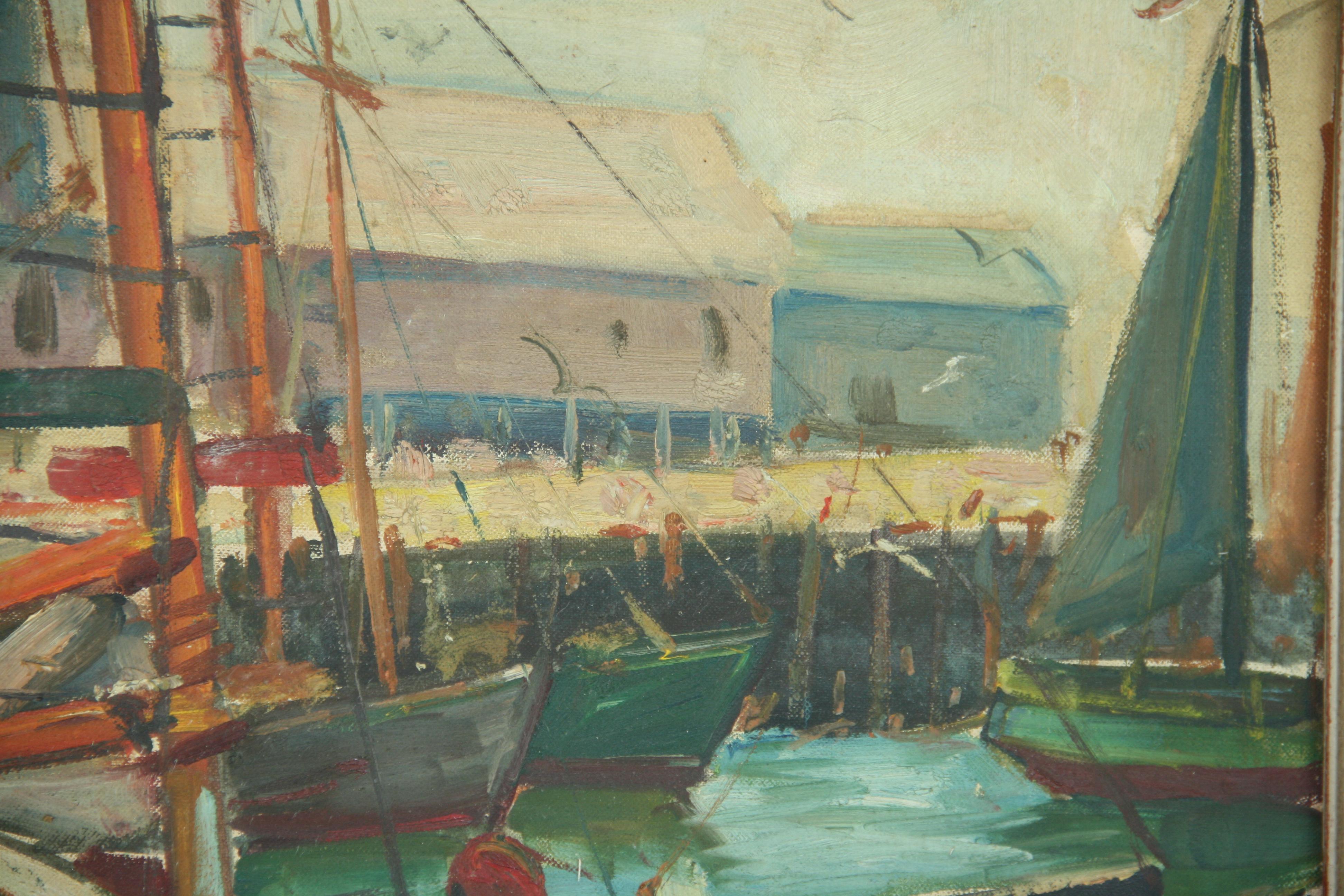 Antico porto di Glouster &New England, barca da pesca, paesaggio marino, pittura ad olio in vendita 1