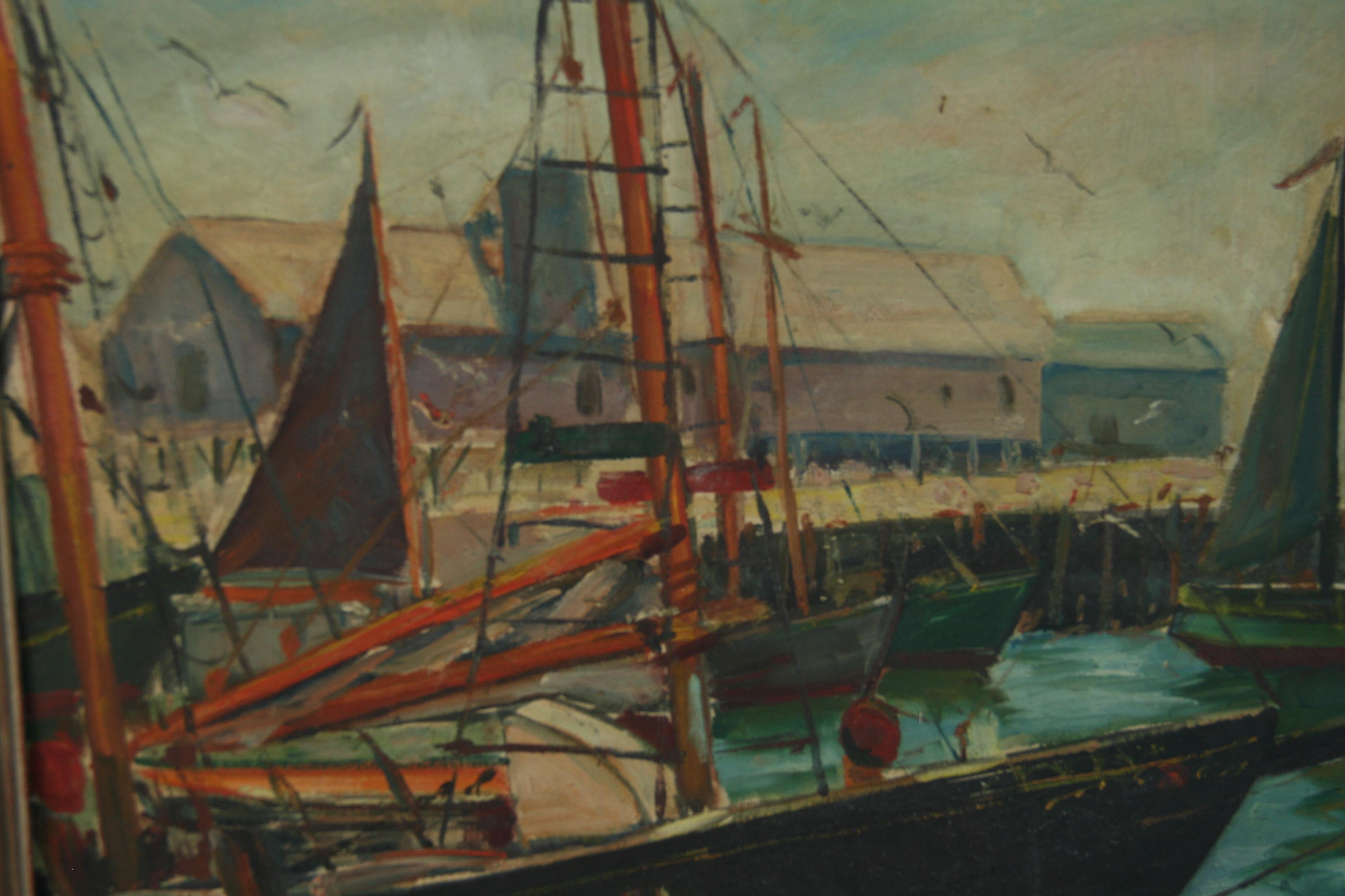Antico porto di Glouster &New England, barca da pesca, paesaggio marino, pittura ad olio in vendita 3