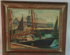 Antico porto di Glouster &New England, barca da pesca, paesaggio marino, pittura ad olio