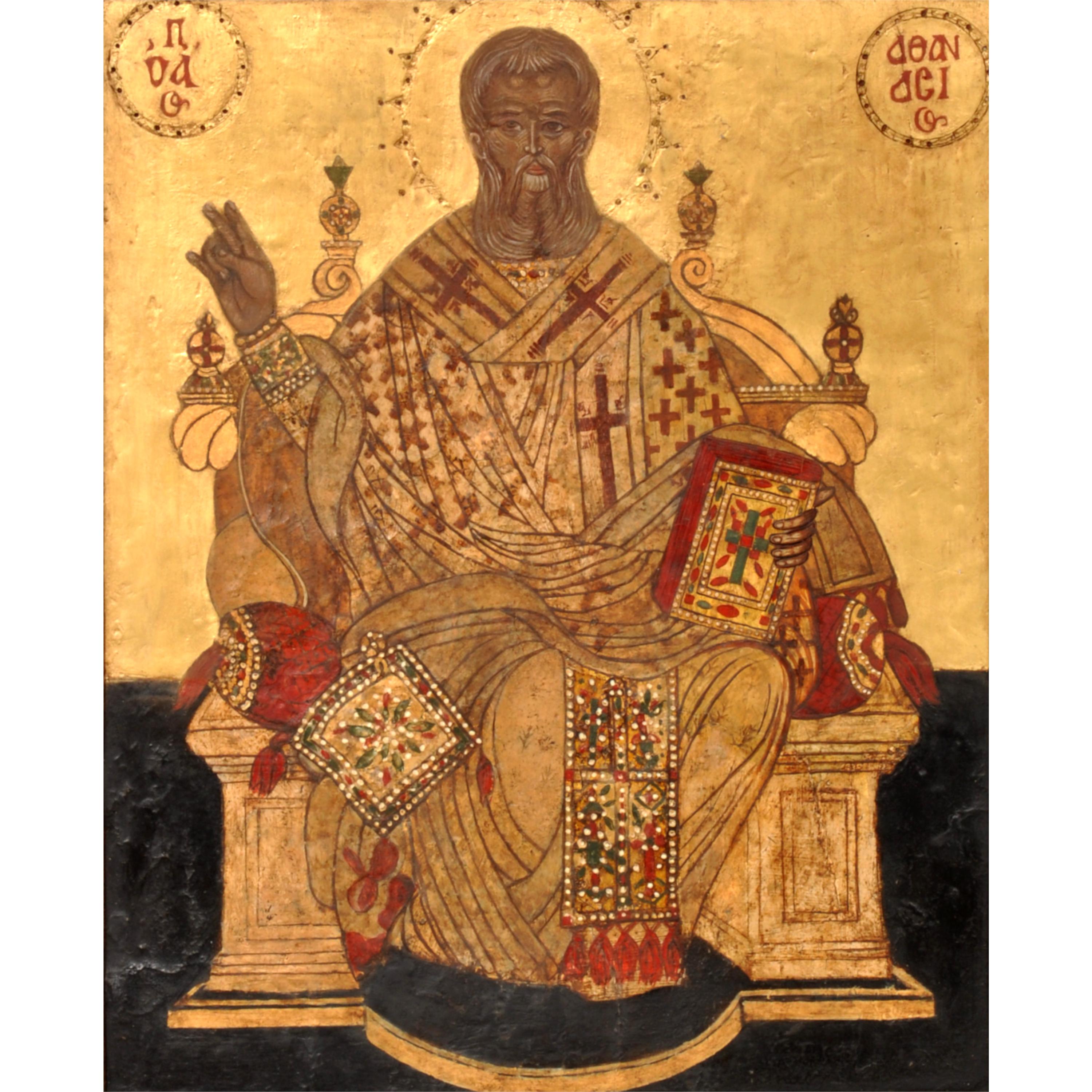 Antique Greek Orthodox 17thCentury Icon Gilded Egg Tempera Saint Athanasios 1650 - Painting by Unknown