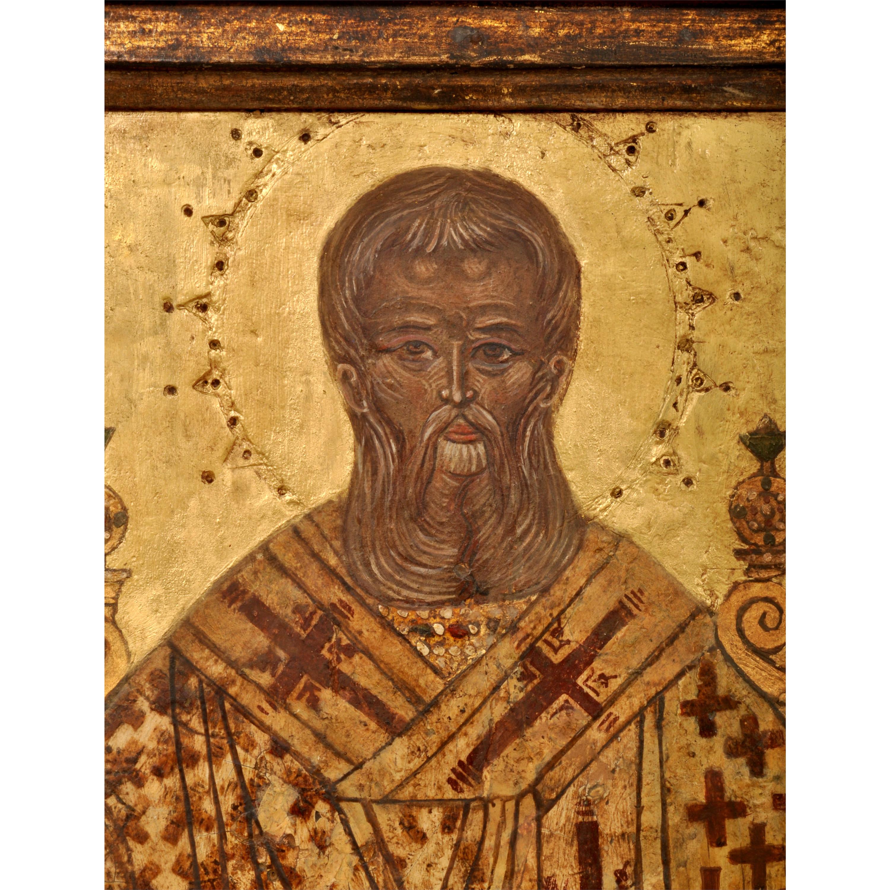 Antique Greek Orthodox 17thCentury Icon Gilded Egg Tempera Christ Enthroned 1650 - Brown Figurative Painting by Unknown